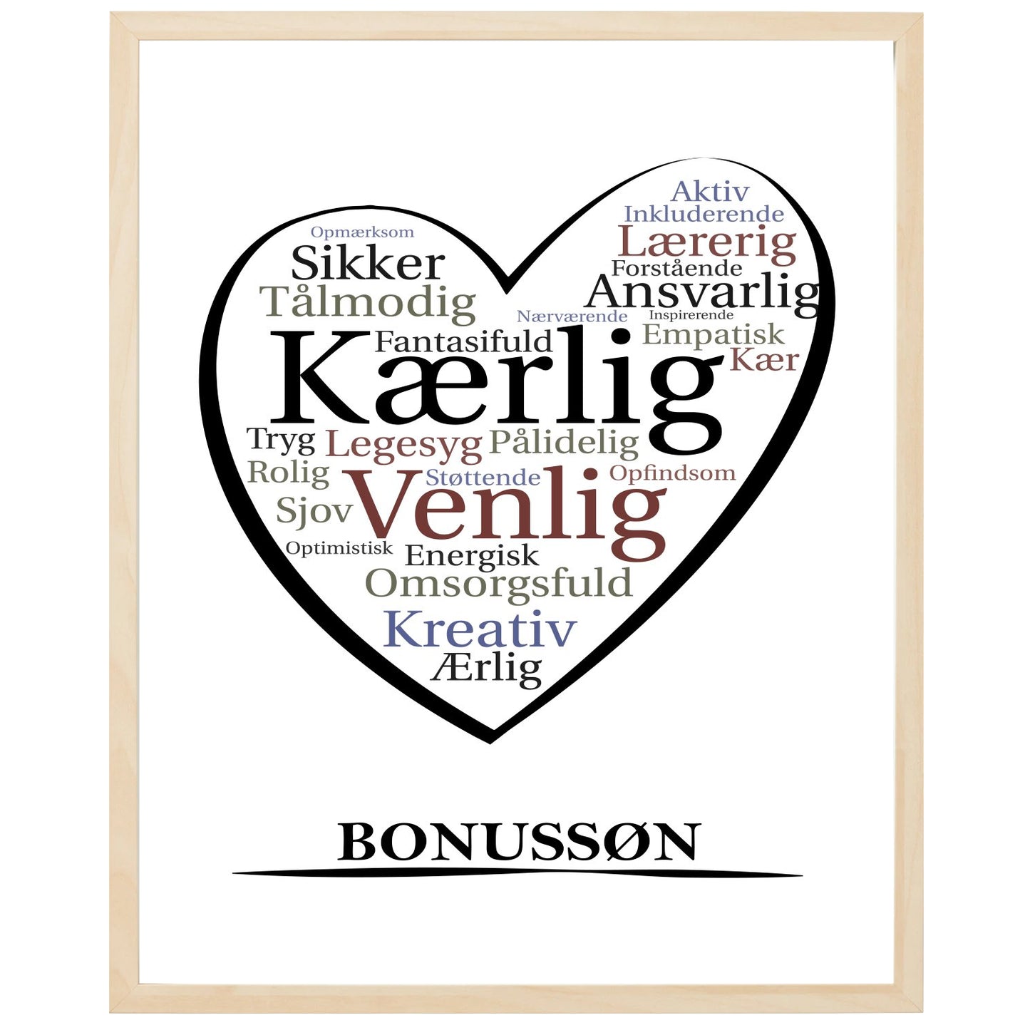 En plakat med overskriften Bonussøn, et hjerte og indeni hjertet mange positive ord som beskriver en Bonussøn