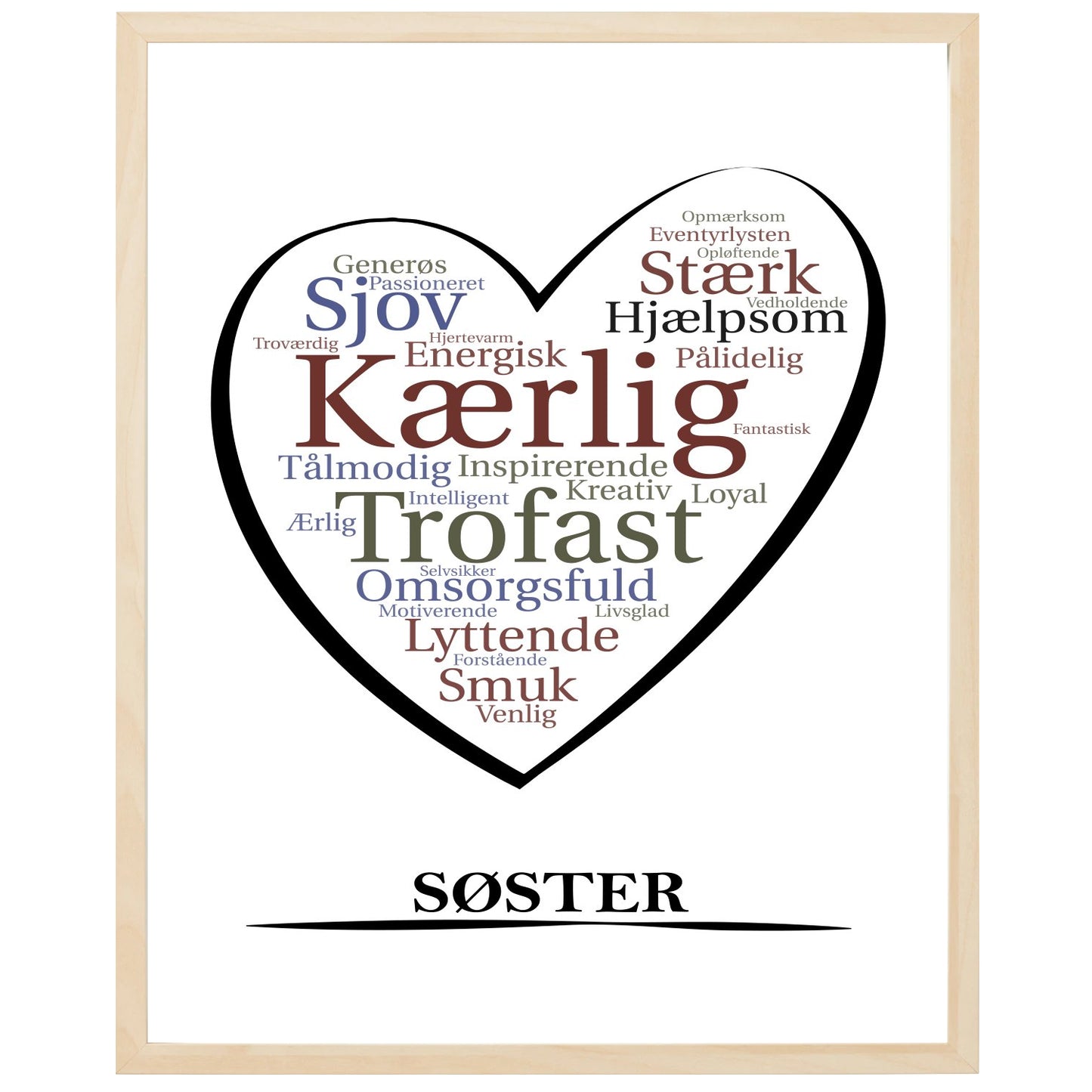 En plakat med overskriften Søster, et hjerte og indeni hjertet mange positive ord som beskriver en Søster
