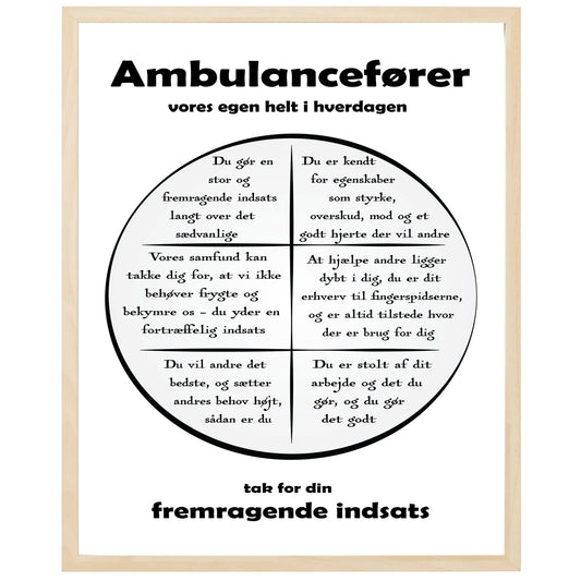 En plakat med overskriften Ambulancefører, en rustik cirkel og indeni cirklen mange positive sætninger som beskriver en Ambulancefører