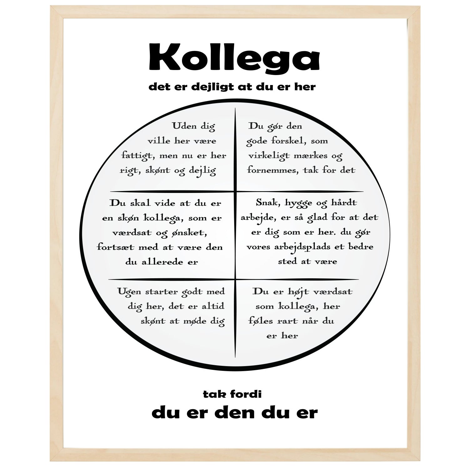 En plakat med overskriften Kollega, en rustik cirkel og indeni cirklen mange positive sætninger som beskriver en Kollega