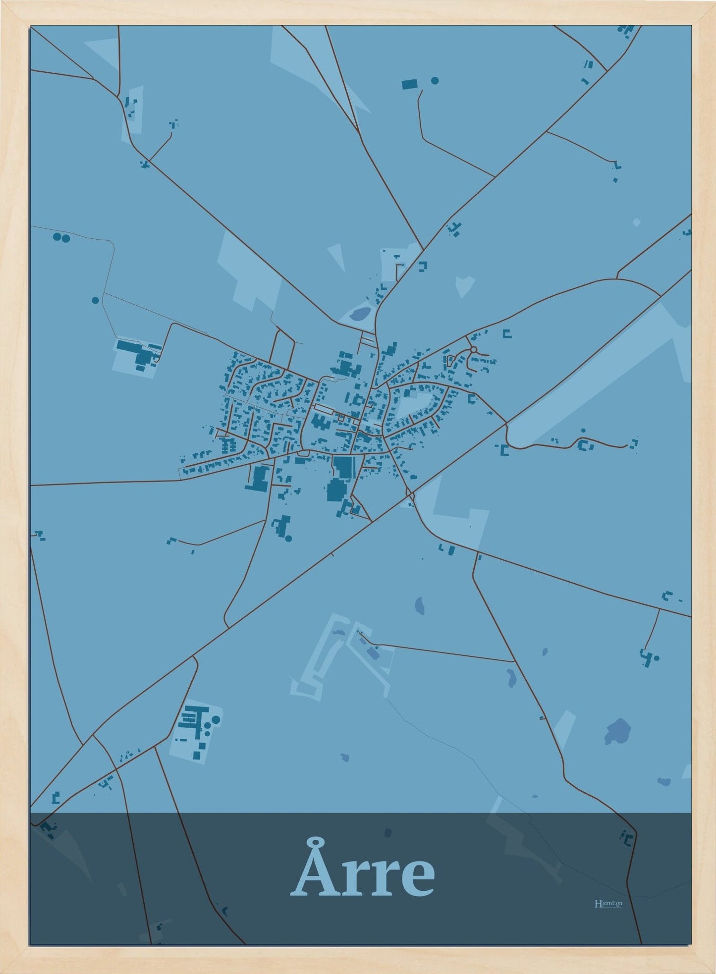 Årre plakat i pastel blå og HjemEgn.dk design firkantet. Design bykort for Årre