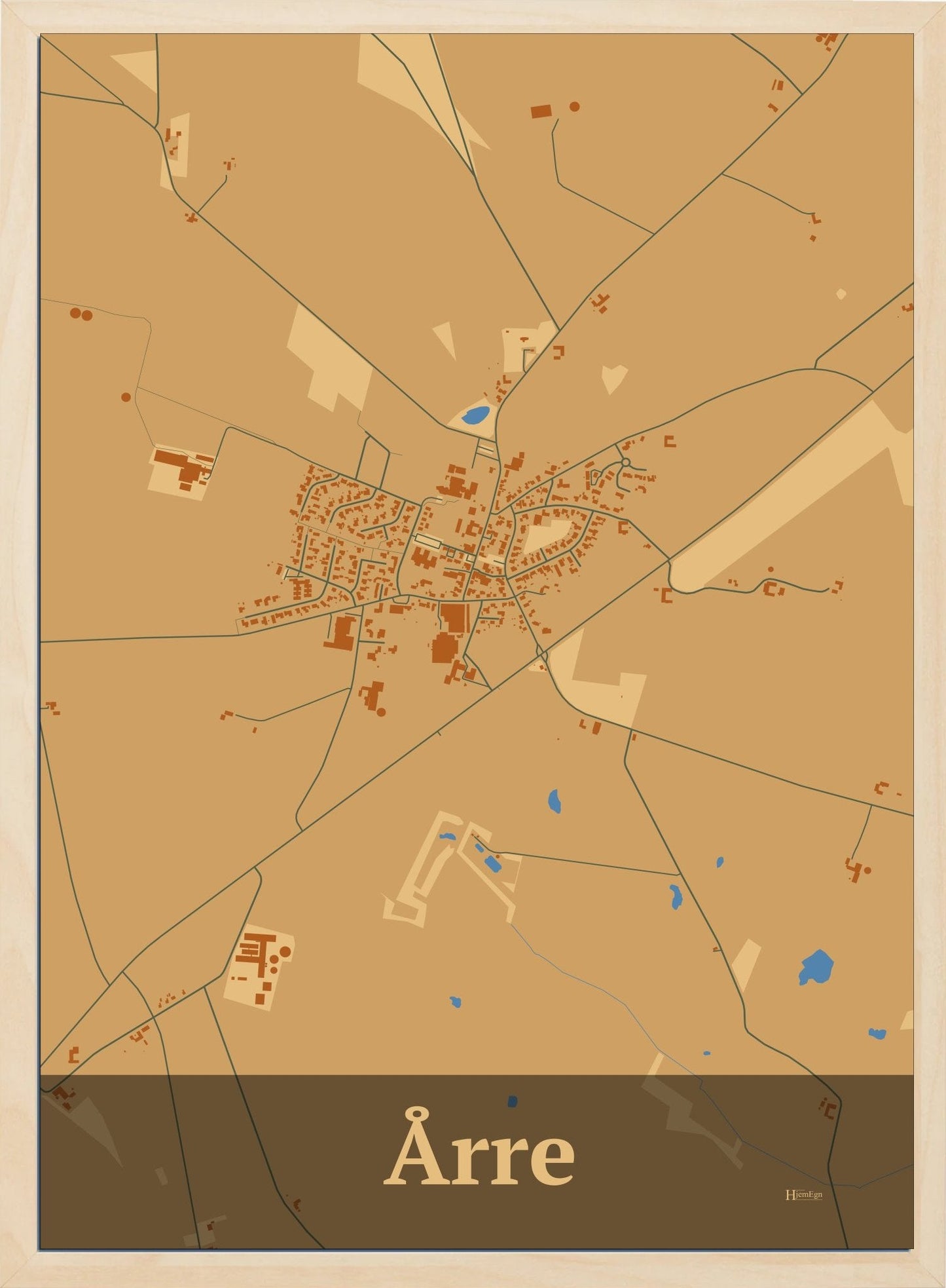 Årre plakat i pastel brun og HjemEgn.dk design firkantet. Design bykort for Årre