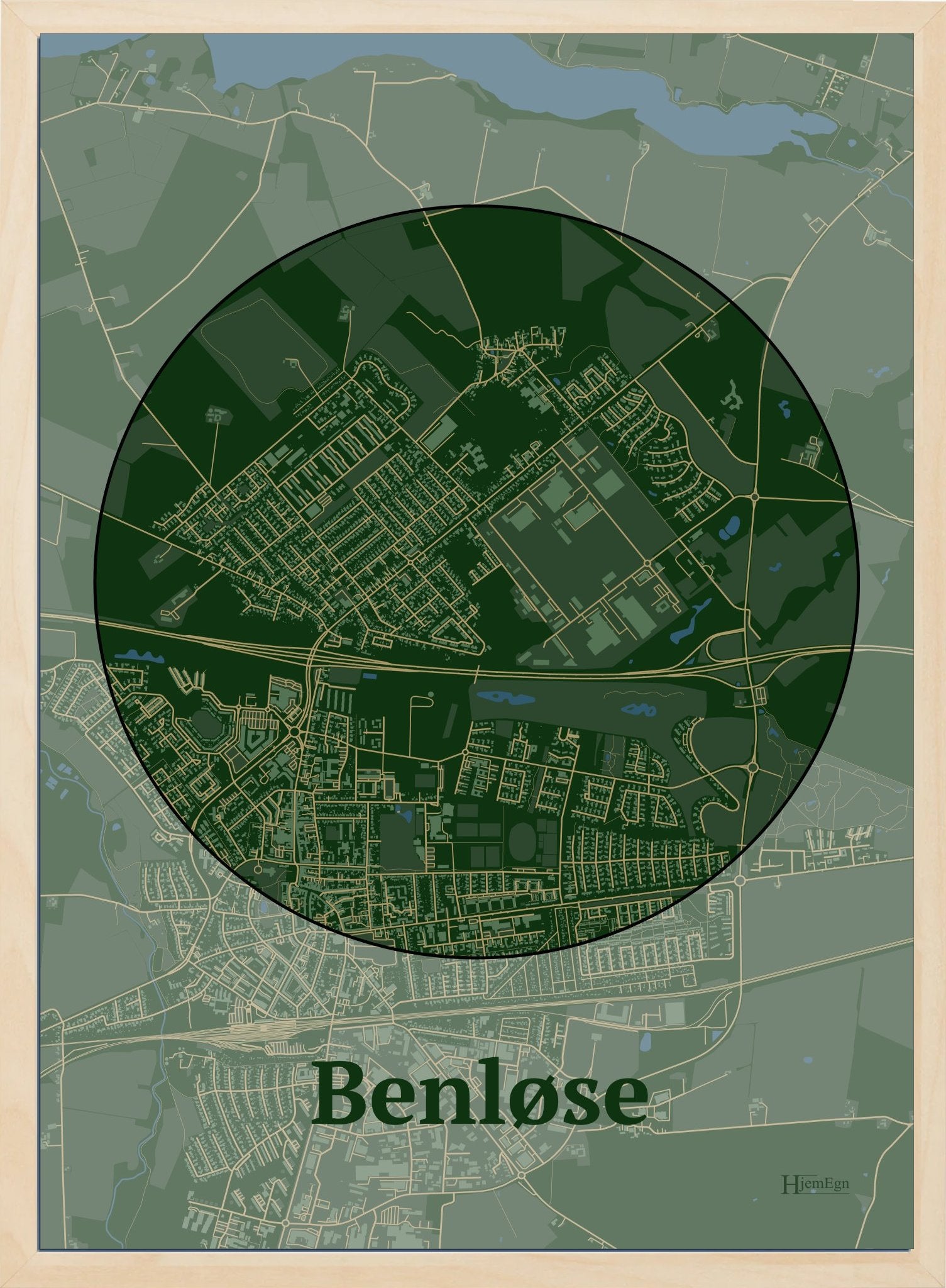 Benløse plakat i farve mørk grøn og HjemEgn.dk design centrum. Design bykort for Benløse