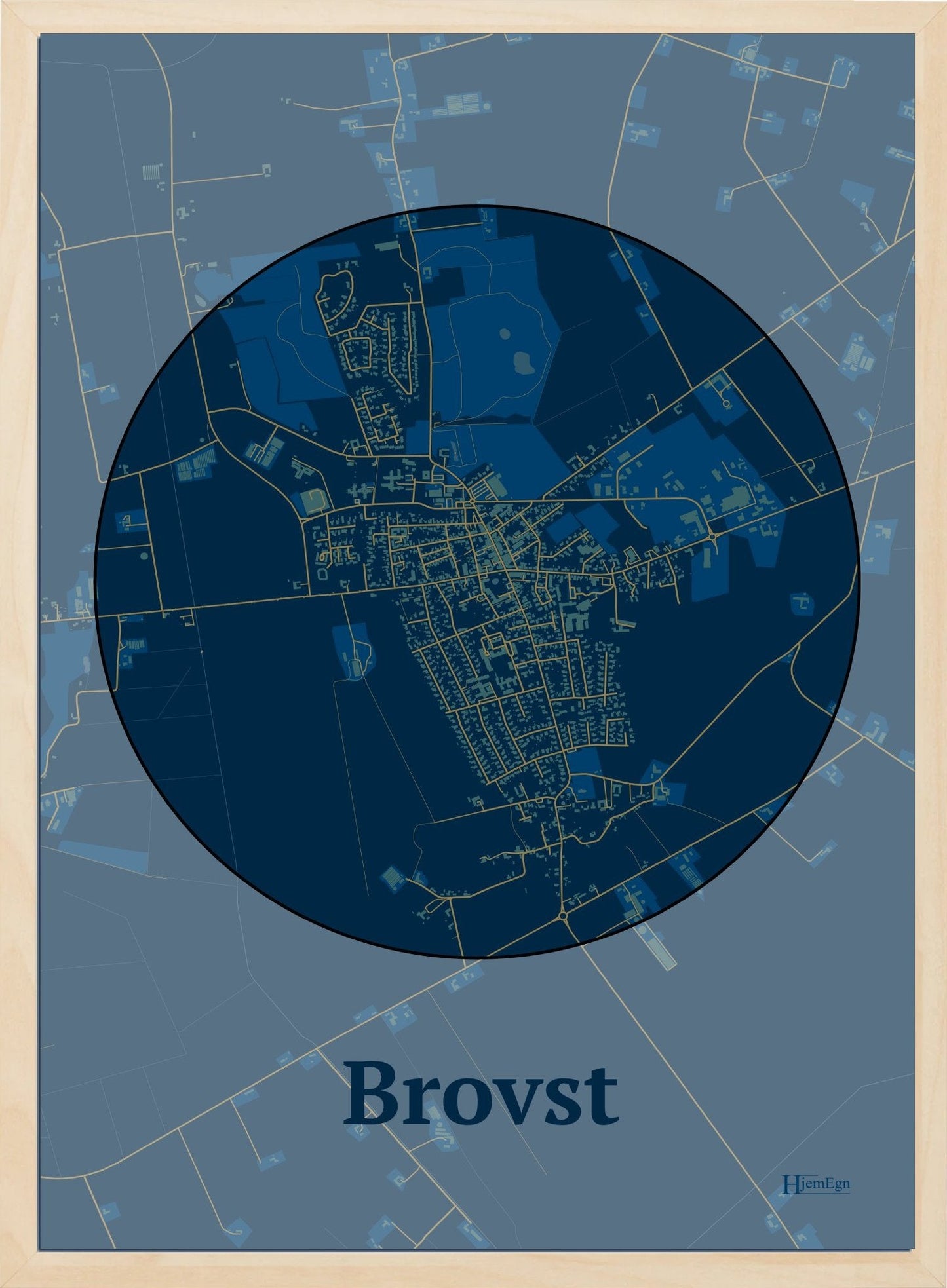 Brovst plakat i farve mørk blå og HjemEgn.dk design centrum. Design bykort for Brovst