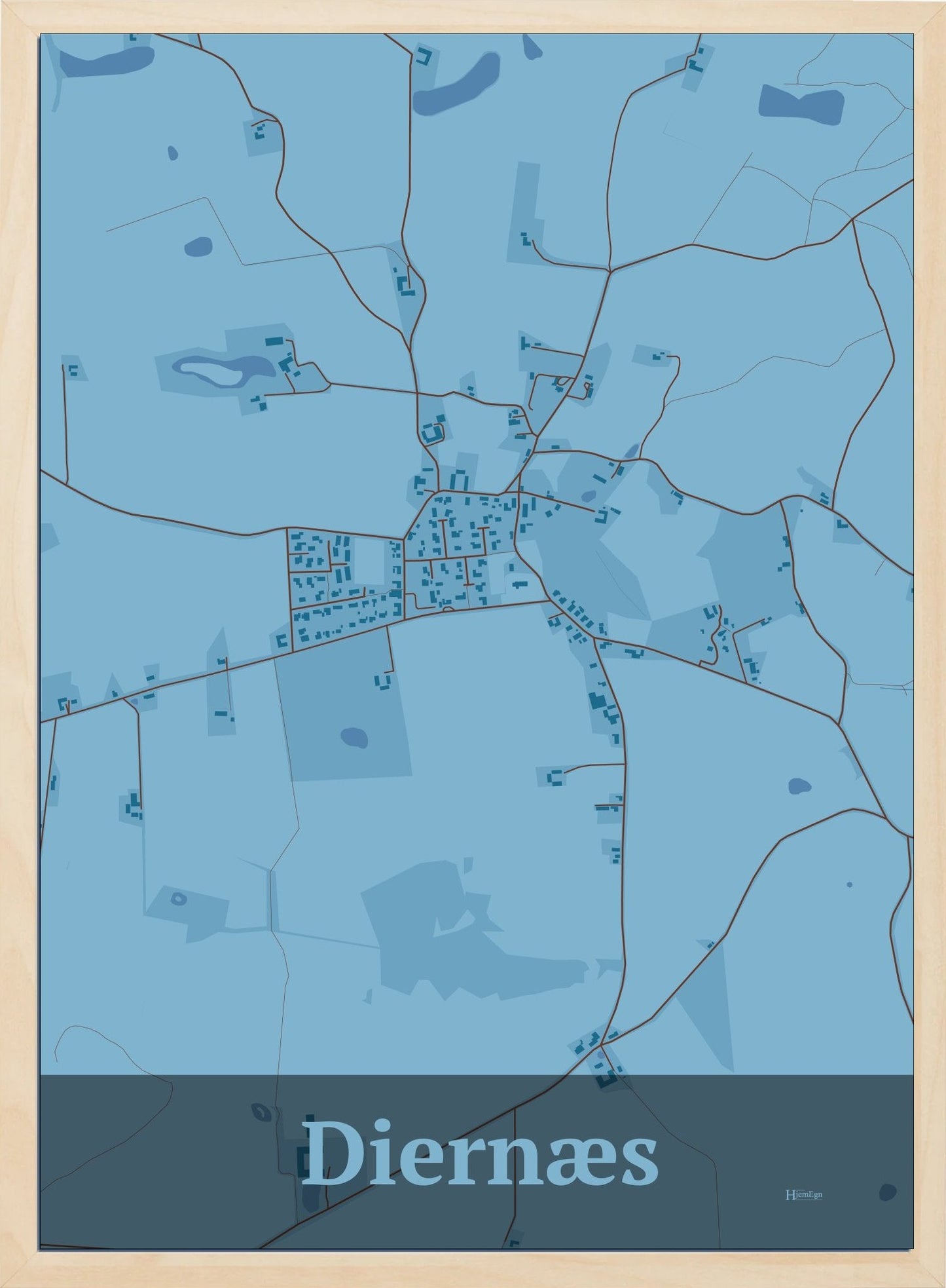 Diernæs plakat i farve pastel blå og HjemEgn.dk design firkantet. Design bykort for Diernæs