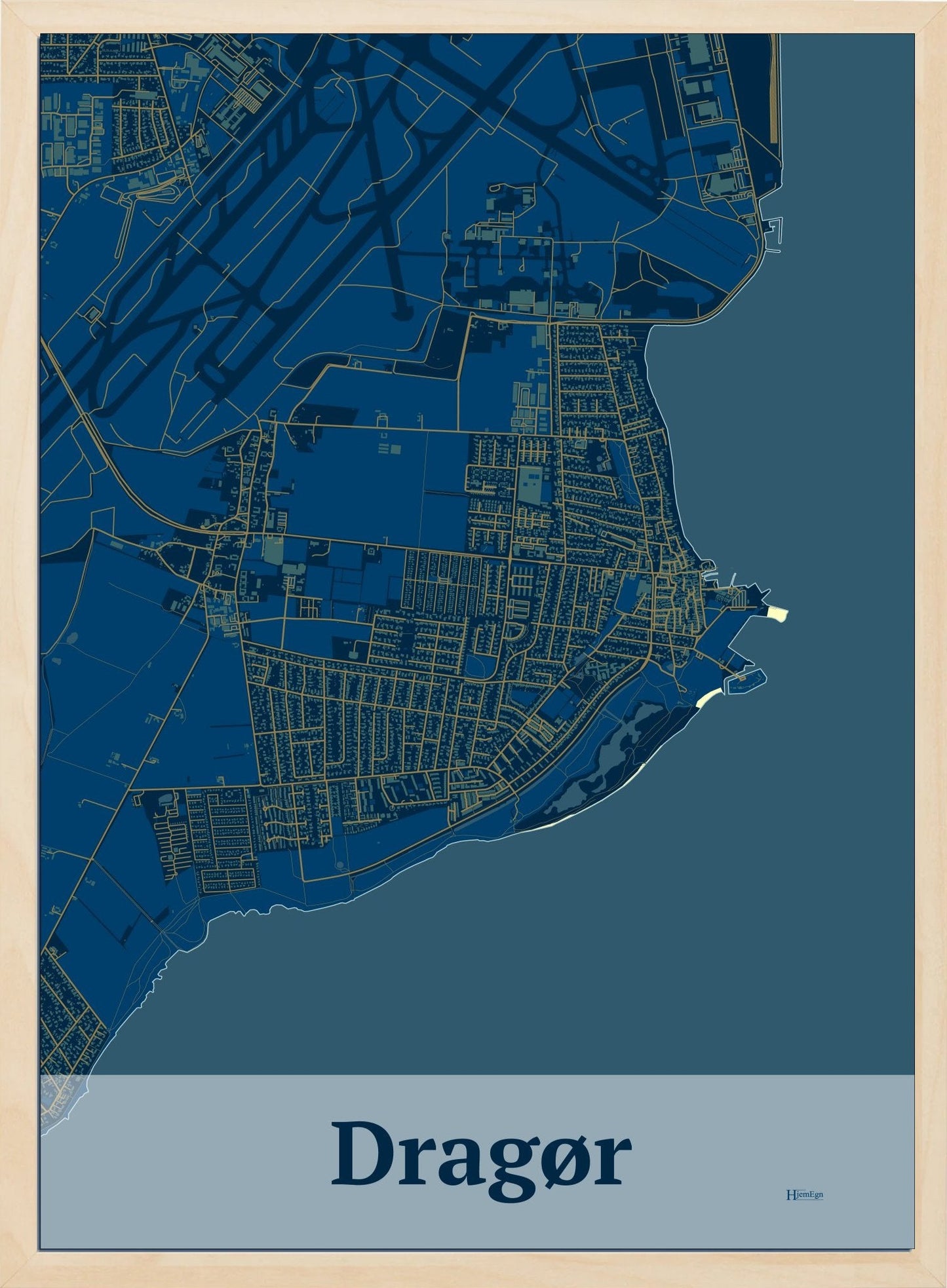 Dragør plakat i farve mørk blå og HjemEgn.dk design firkantet. Design bykort for Dragør