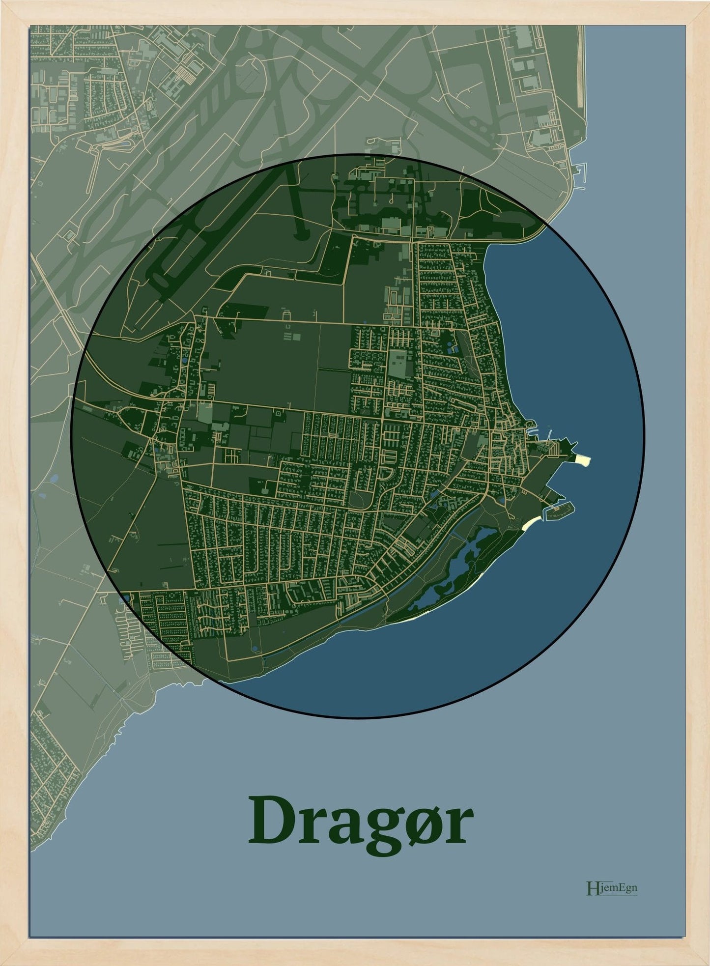 Dragør plakat i farve mørk grøn og HjemEgn.dk design centrum. Design bykort for Dragør