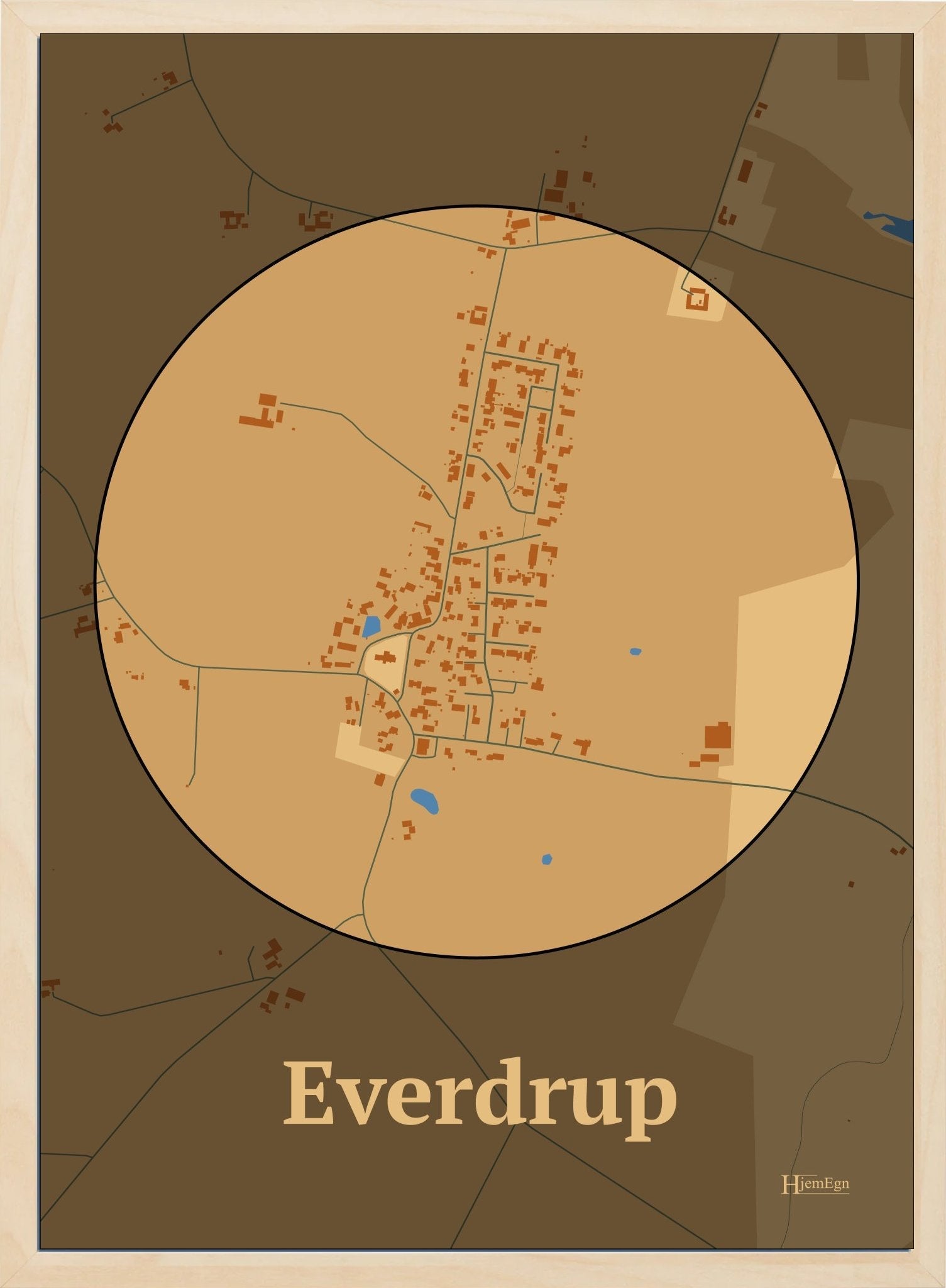 Everdrup plakat i farve pastel brun og HjemEgn.dk design centrum. Design bykort for Everdrup