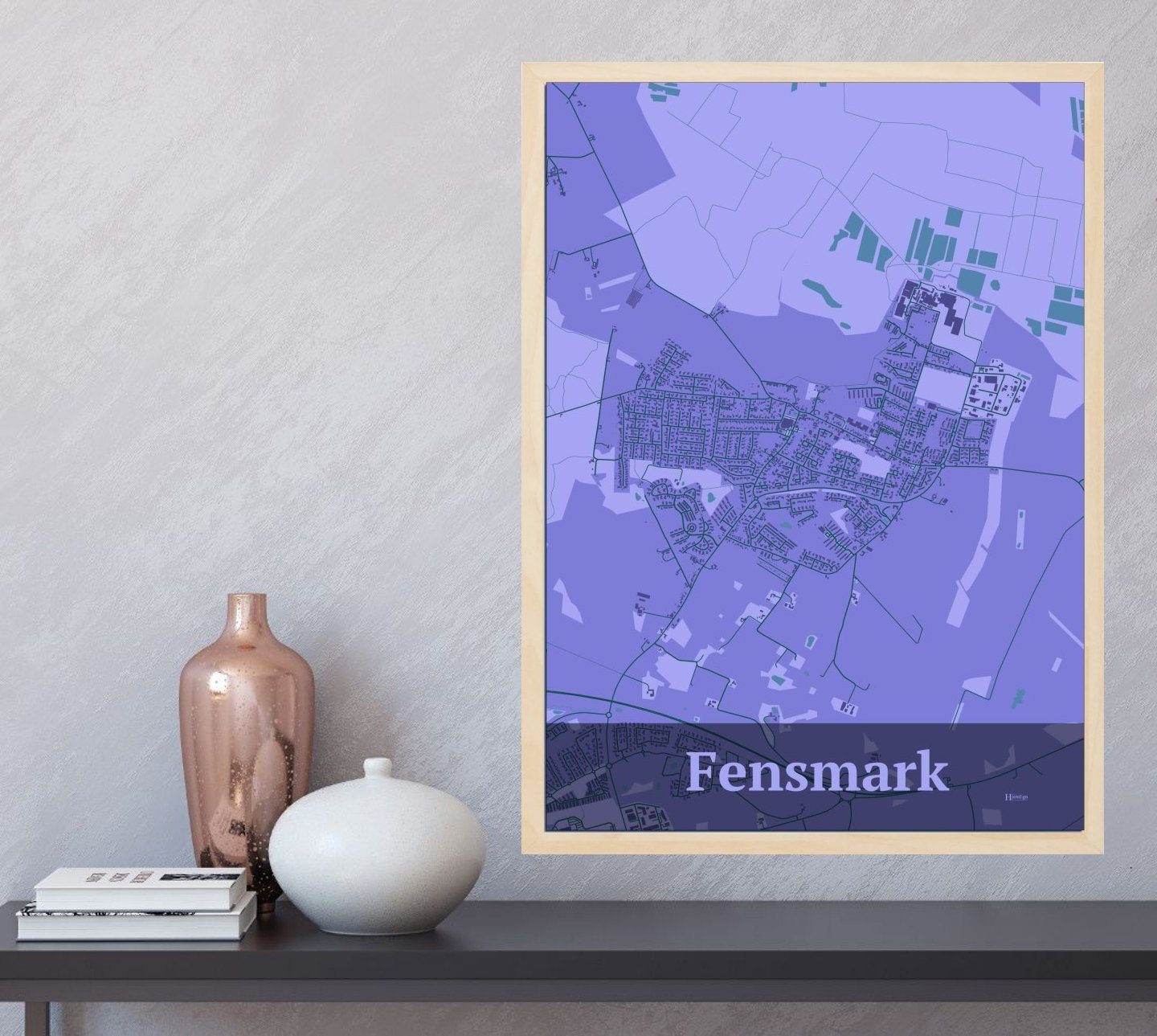 Fensmark plakat i farve  og HjemEgn.dk design firkantet. Design bykort for Fensmark