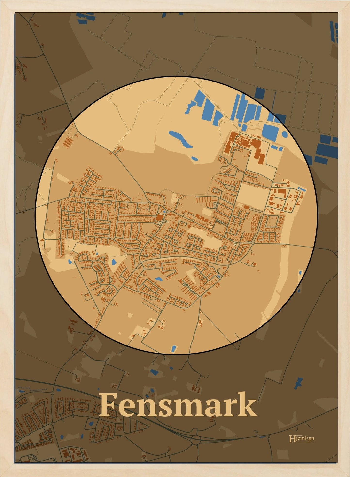 Fensmark plakat i farve pastel brun og HjemEgn.dk design centrum. Design bykort for Fensmark