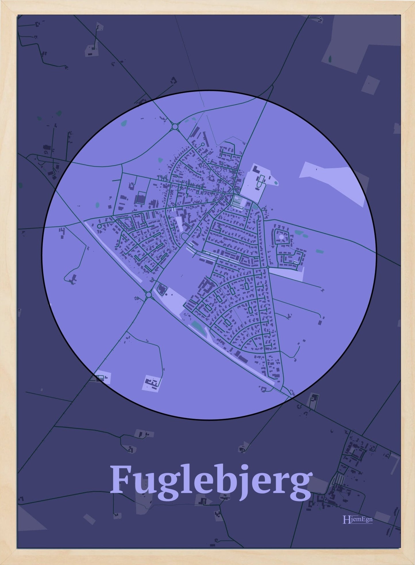Fuglebjerg plakat i farve pastel lilla og HjemEgn.dk design centrum. Design bykort for Fuglebjerg