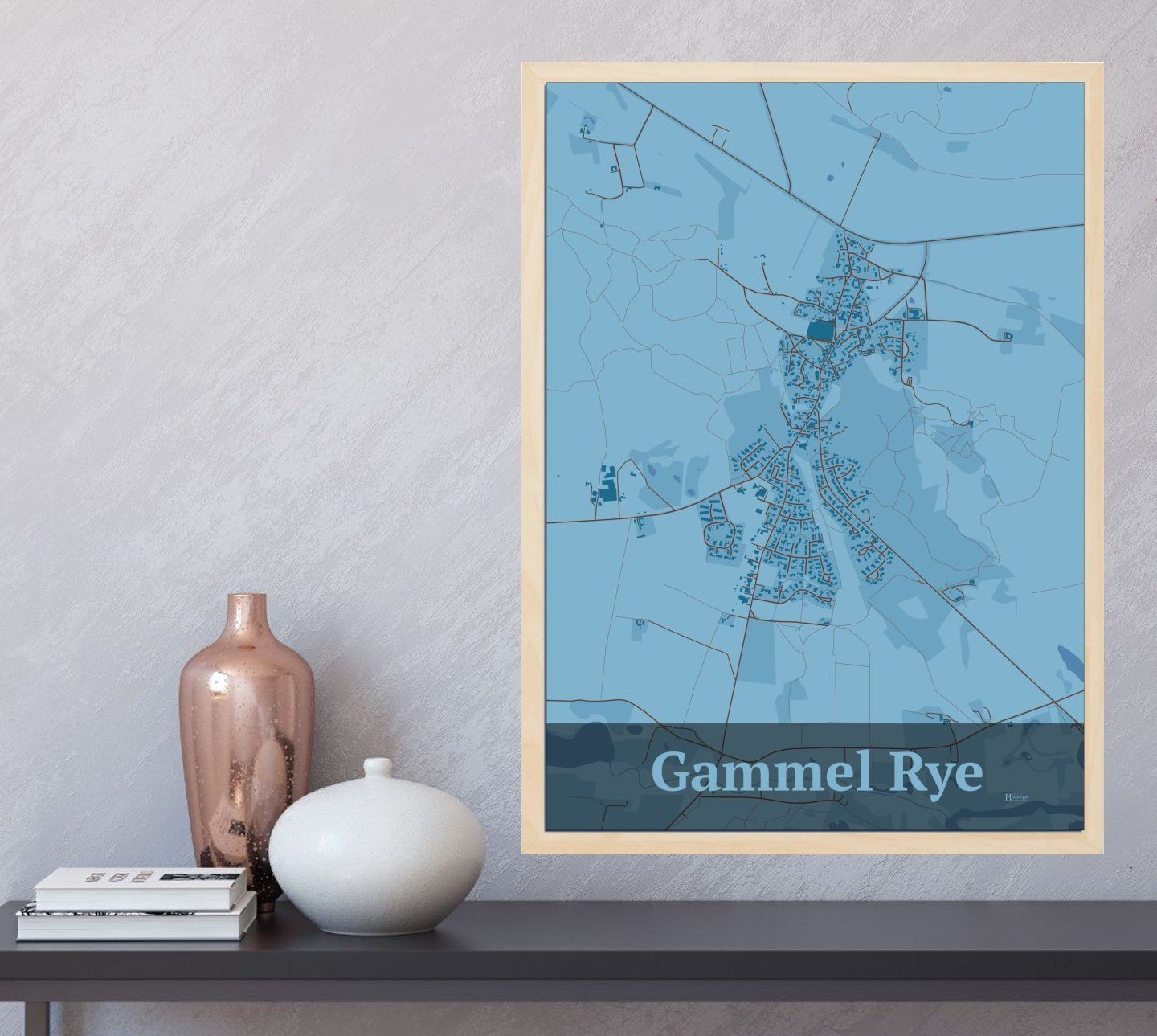 Gammel Rye plakat i farve  og HjemEgn.dk design firkantet. Design bykort for Gammel Rye