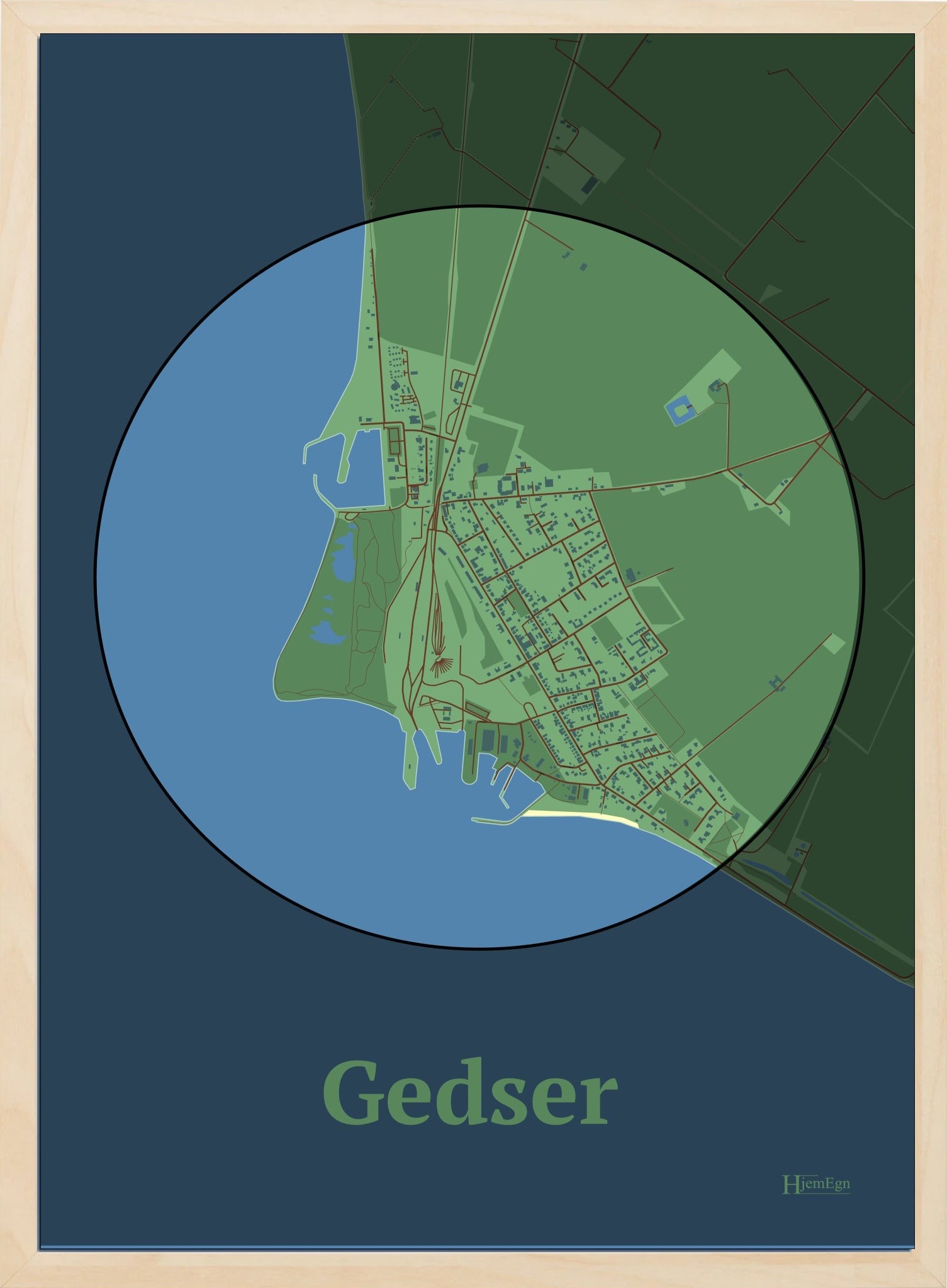 Gedser plakat i farve pastel grøn og HjemEgn.dk design centrum. Design bykort for Gedser