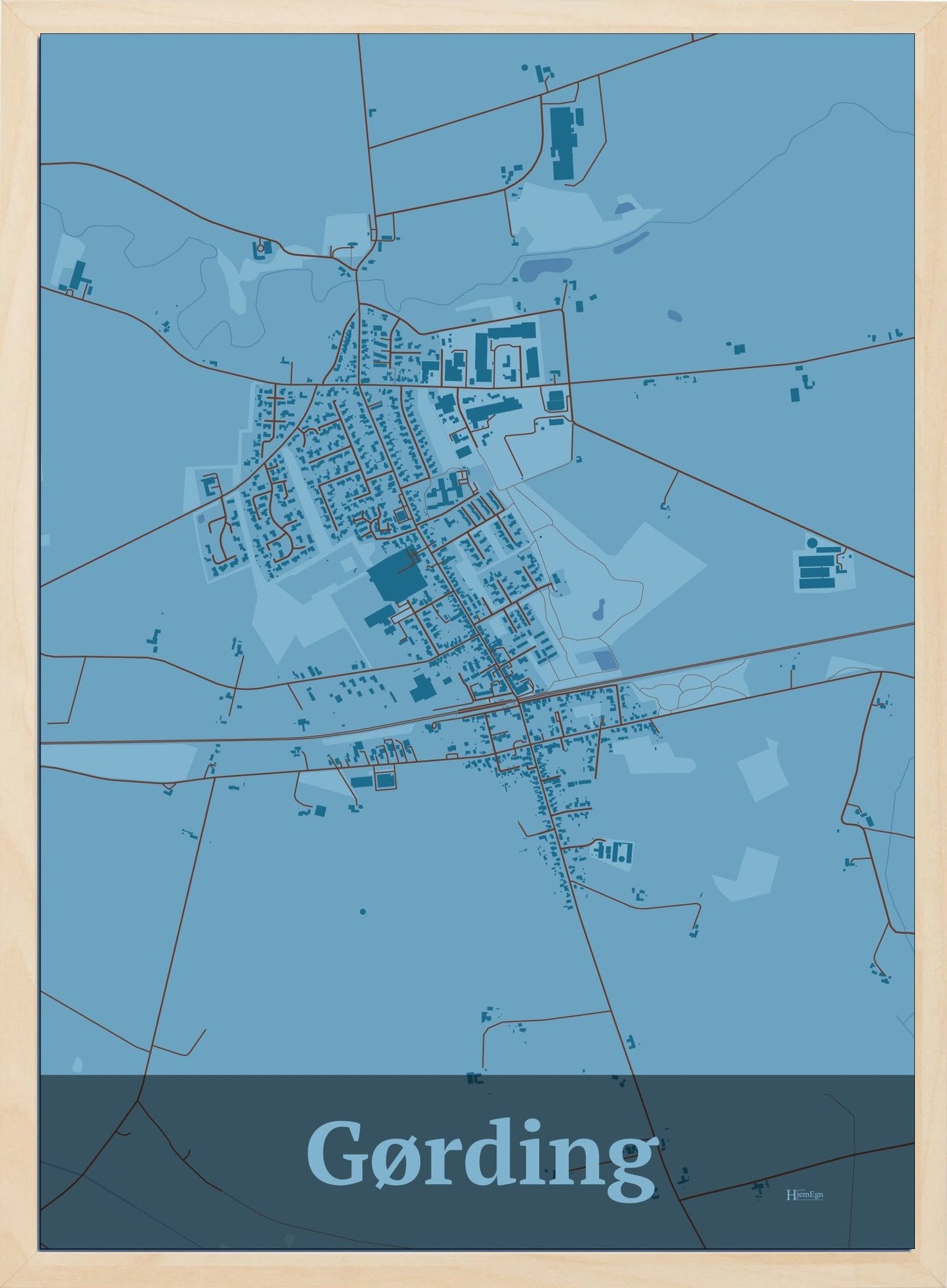 Gørding plakat i farve pastel blå og HjemEgn.dk design firkantet. Design bykort for Gørding