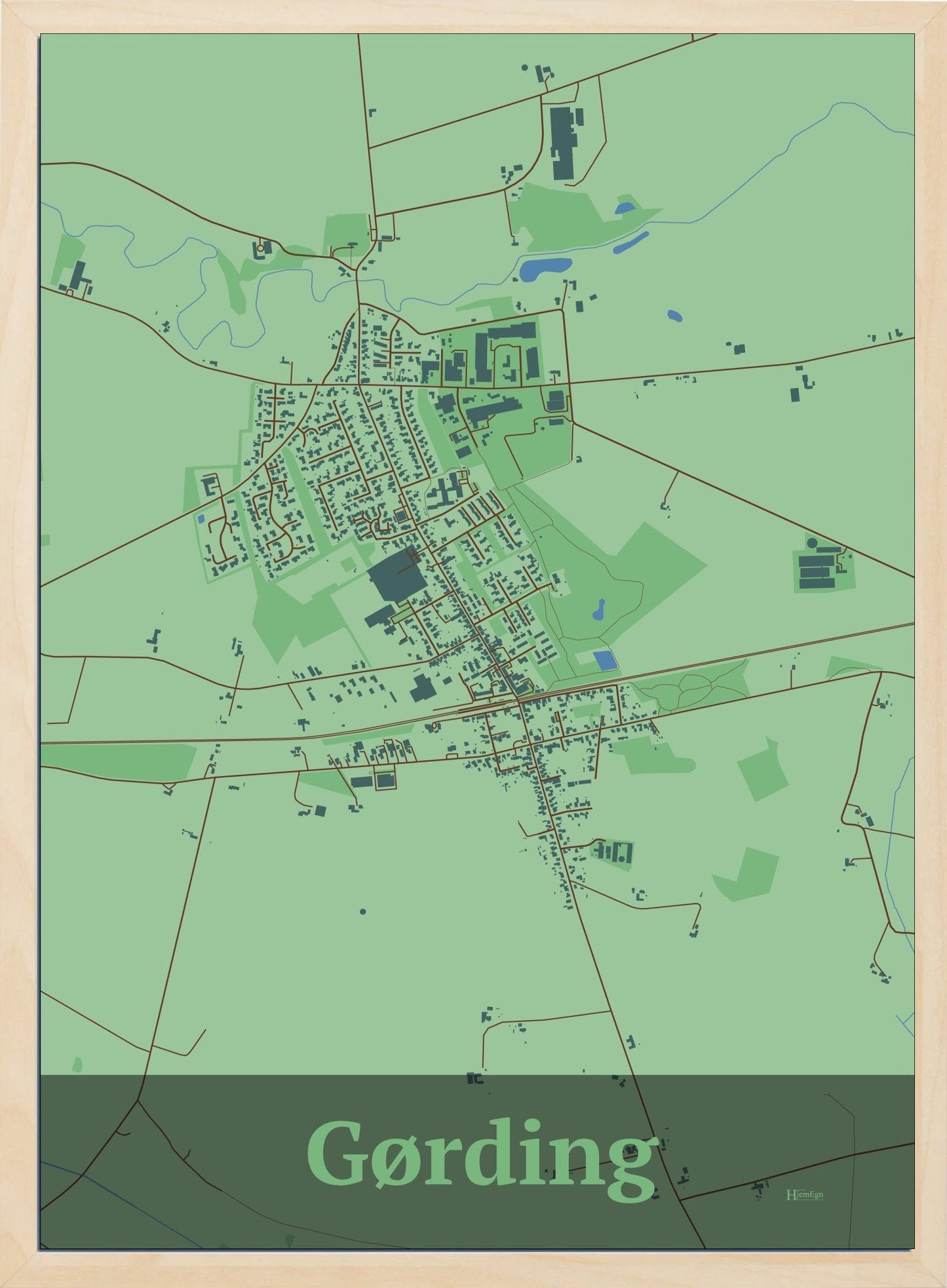 Gørding plakat i farve pastel grøn og HjemEgn.dk design firkantet. Design bykort for Gørding