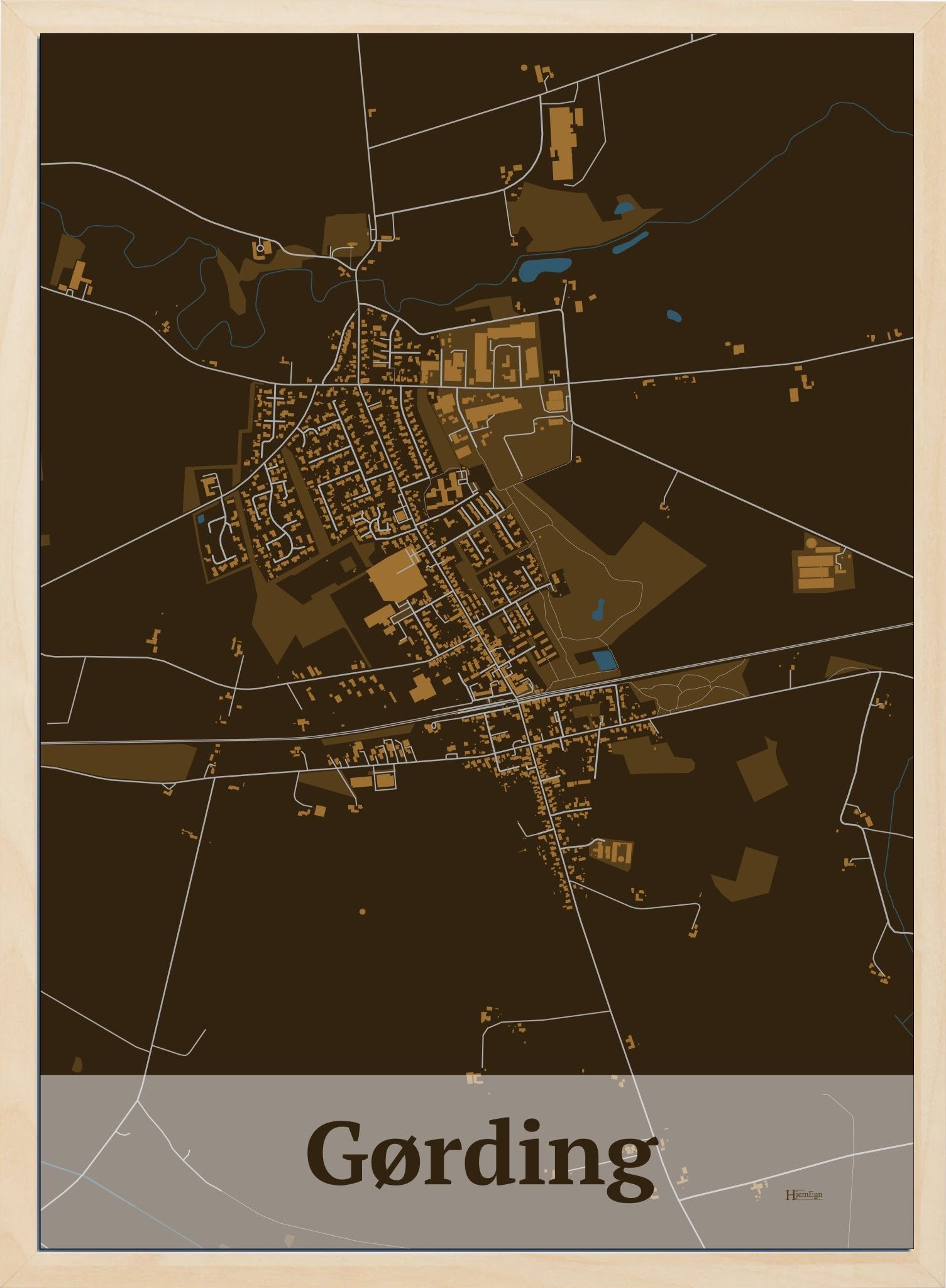 Gørding plakat i farve mørk brun og HjemEgn.dk design firkantet. Design bykort for Gørding