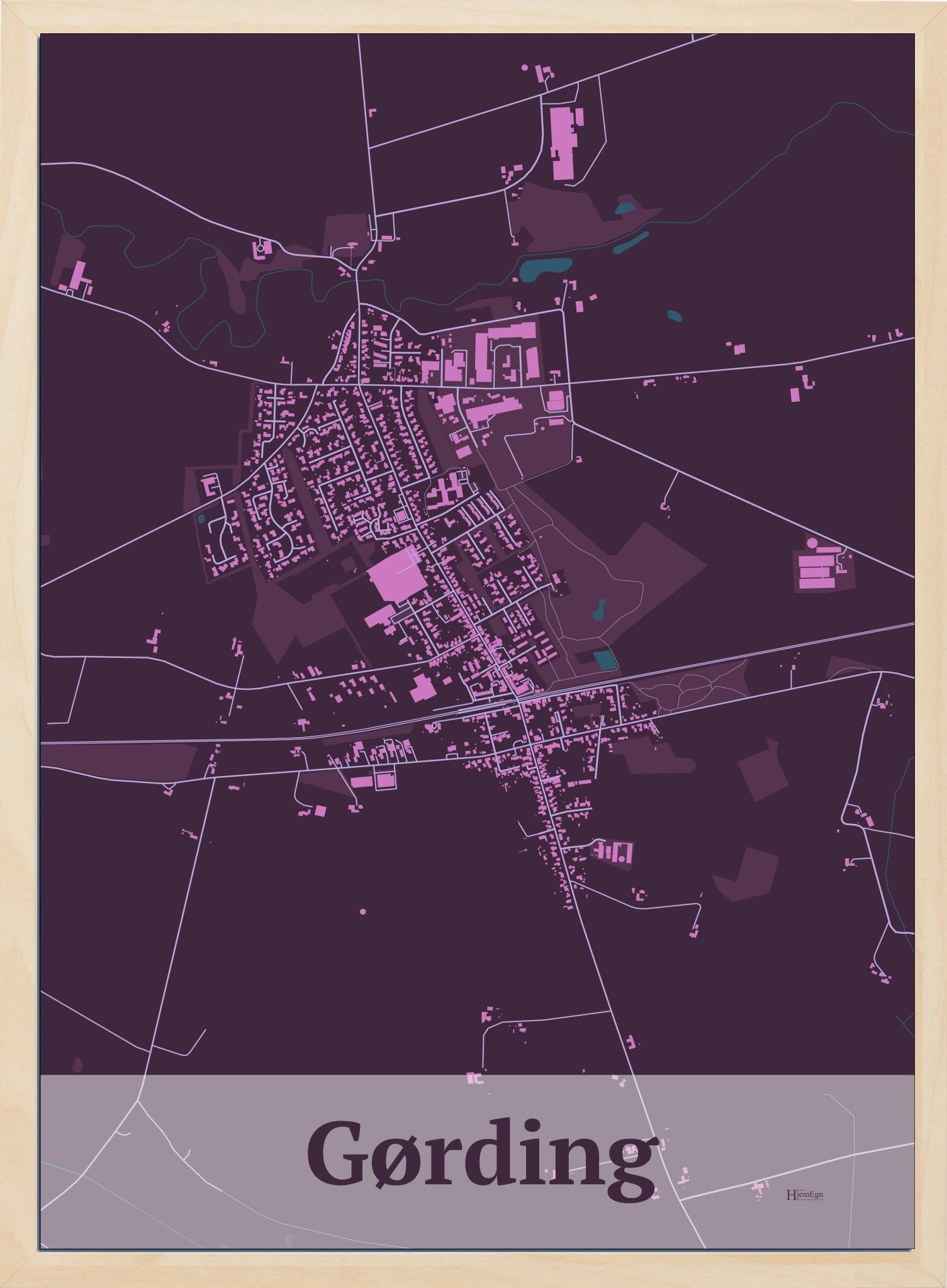 Gørding plakat i farve mørk rød og HjemEgn.dk design firkantet. Design bykort for Gørding