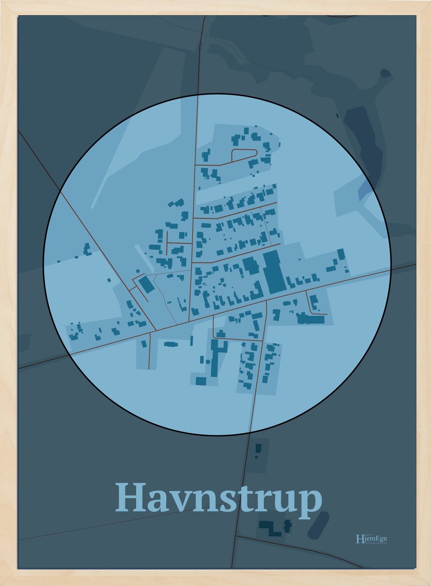 Havnstrup plakat i farve pastel blå og HjemEgn.dk design centrum. Design bykort for Havnstrup