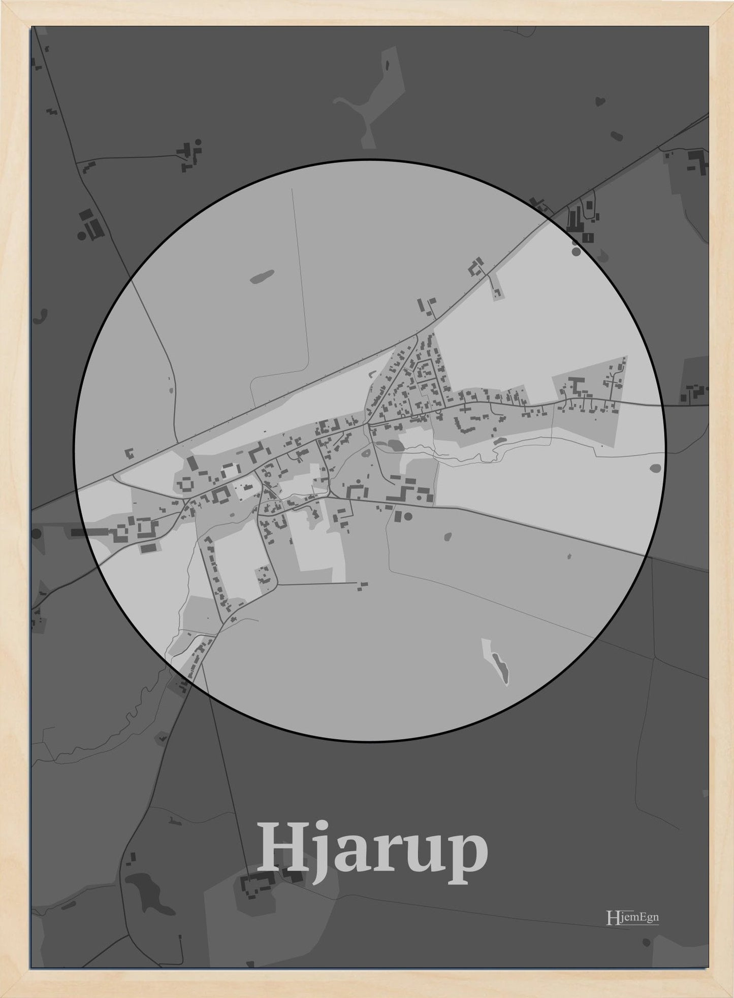 Hjarup plakat i farve pastel grå og HjemEgn.dk design centrum. Design bykort for Hjarup