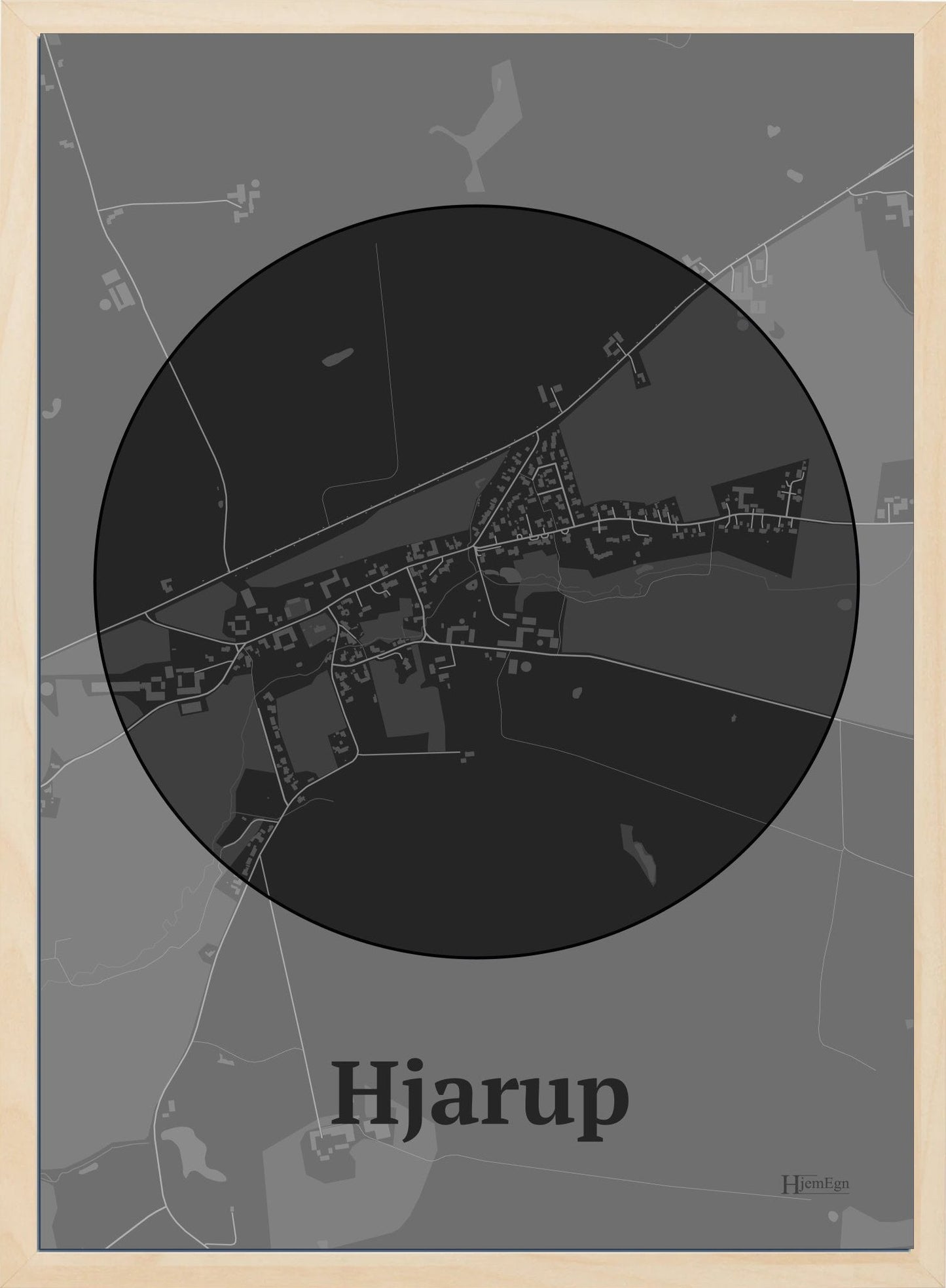 Hjarup plakat i farve mørk grå og HjemEgn.dk design centrum. Design bykort for Hjarup