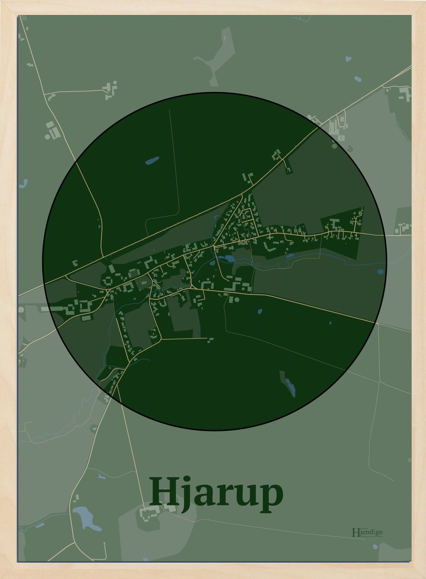 Hjarup plakat i farve mørk grøn og HjemEgn.dk design centrum. Design bykort for Hjarup