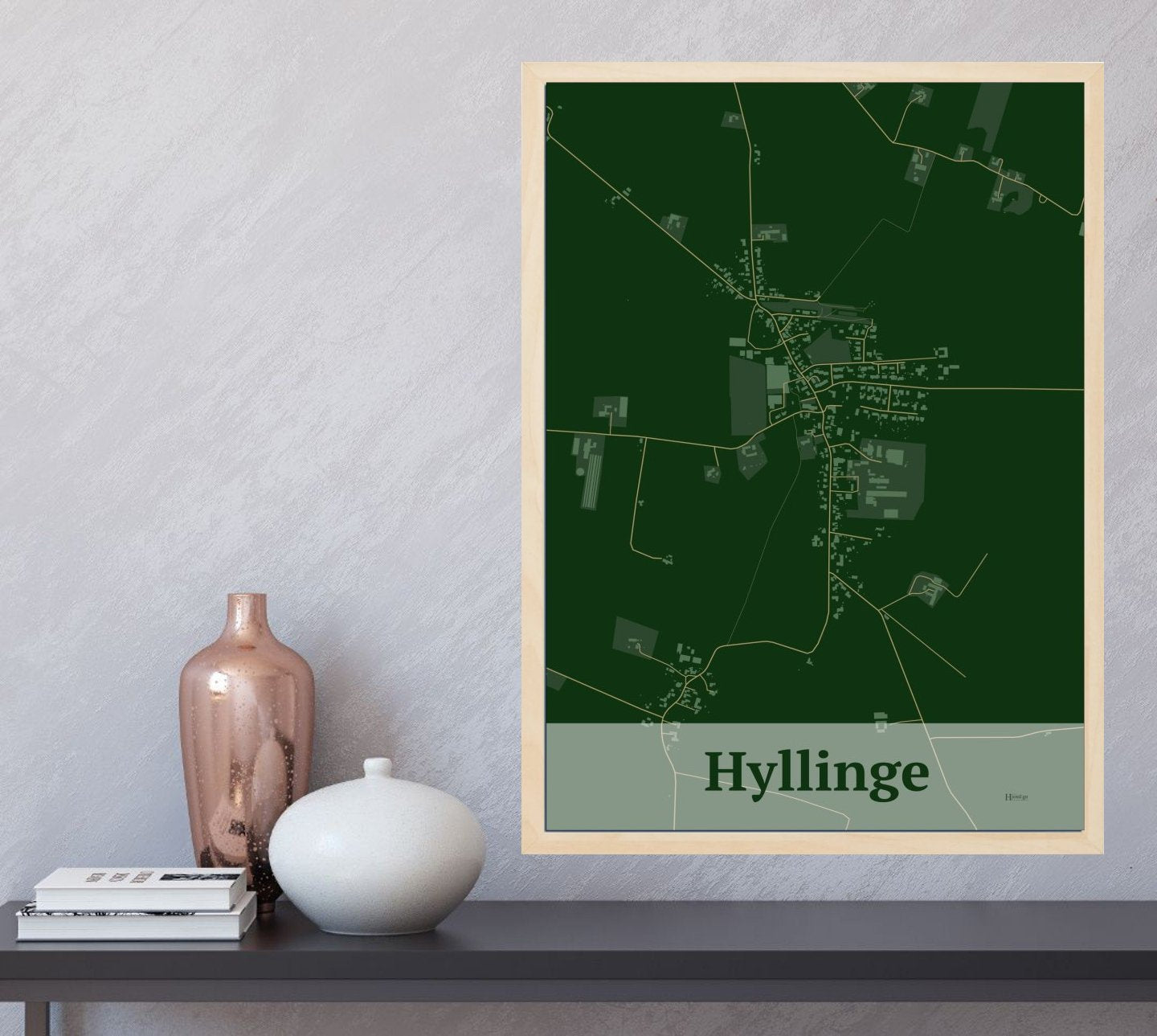 Hyllinge plakat i farve  og HjemEgn.dk design firkantet. Design bykort for Hyllinge
