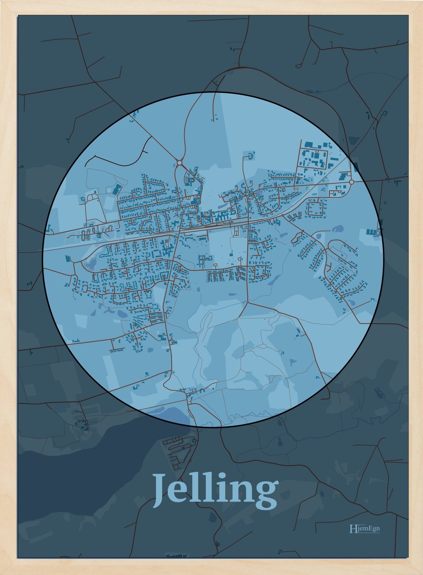 Jelling plakat i farve pastel blå og HjemEgn.dk design centrum. Design bykort for Jelling