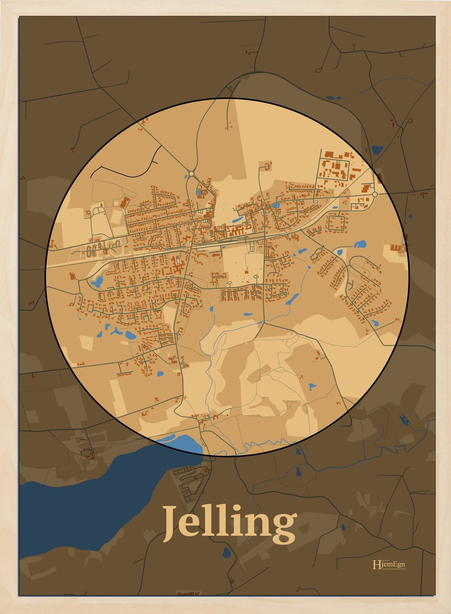 Jelling plakat i farve pastel brun og HjemEgn.dk design centrum. Design bykort for Jelling