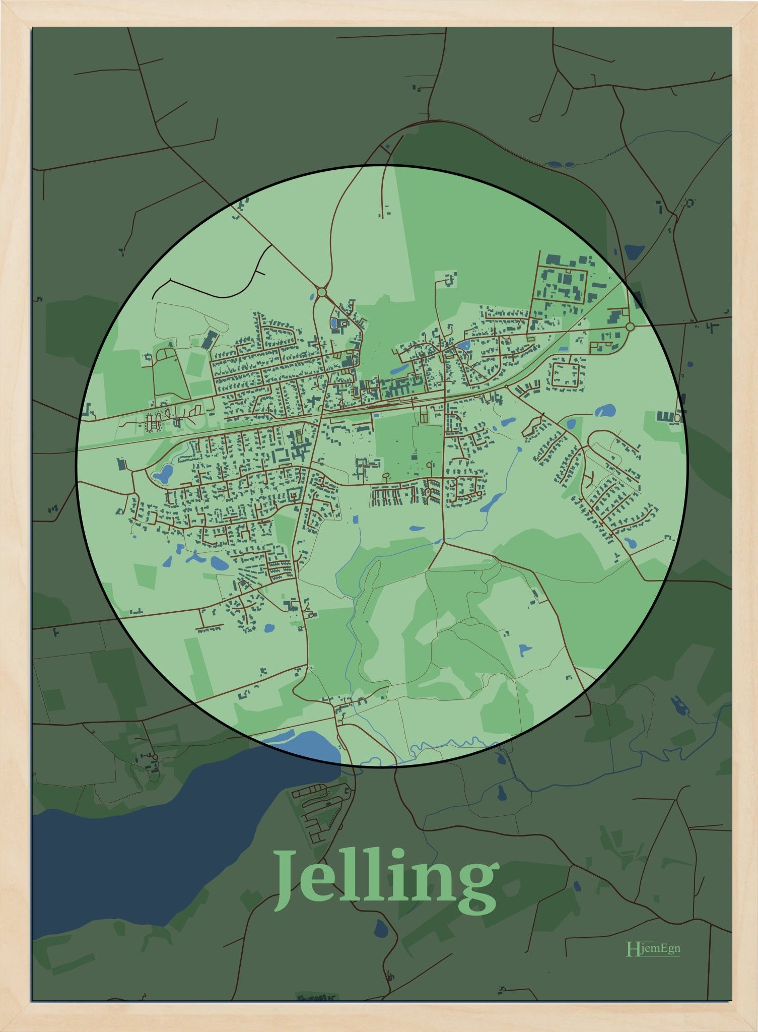Jelling plakat i farve pastel grøn og HjemEgn.dk design centrum. Design bykort for Jelling