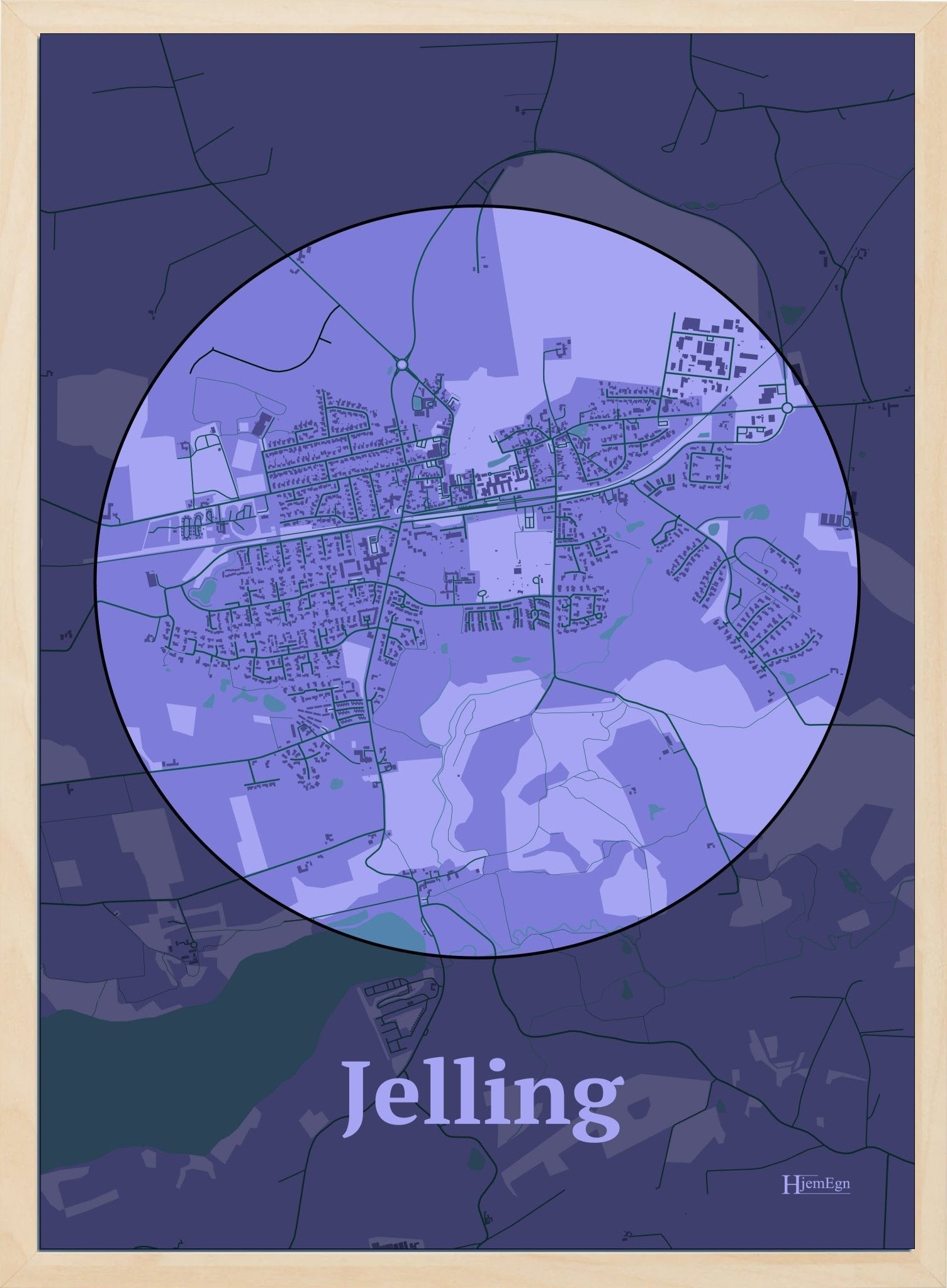 Jelling plakat i farve pastel lilla og HjemEgn.dk design centrum. Design bykort for Jelling