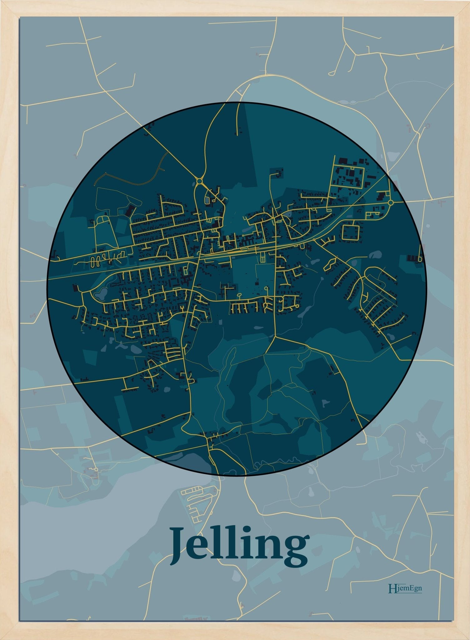 Jelling plakat i farve mørk blå og HjemEgn.dk design centrum. Design bykort for Jelling