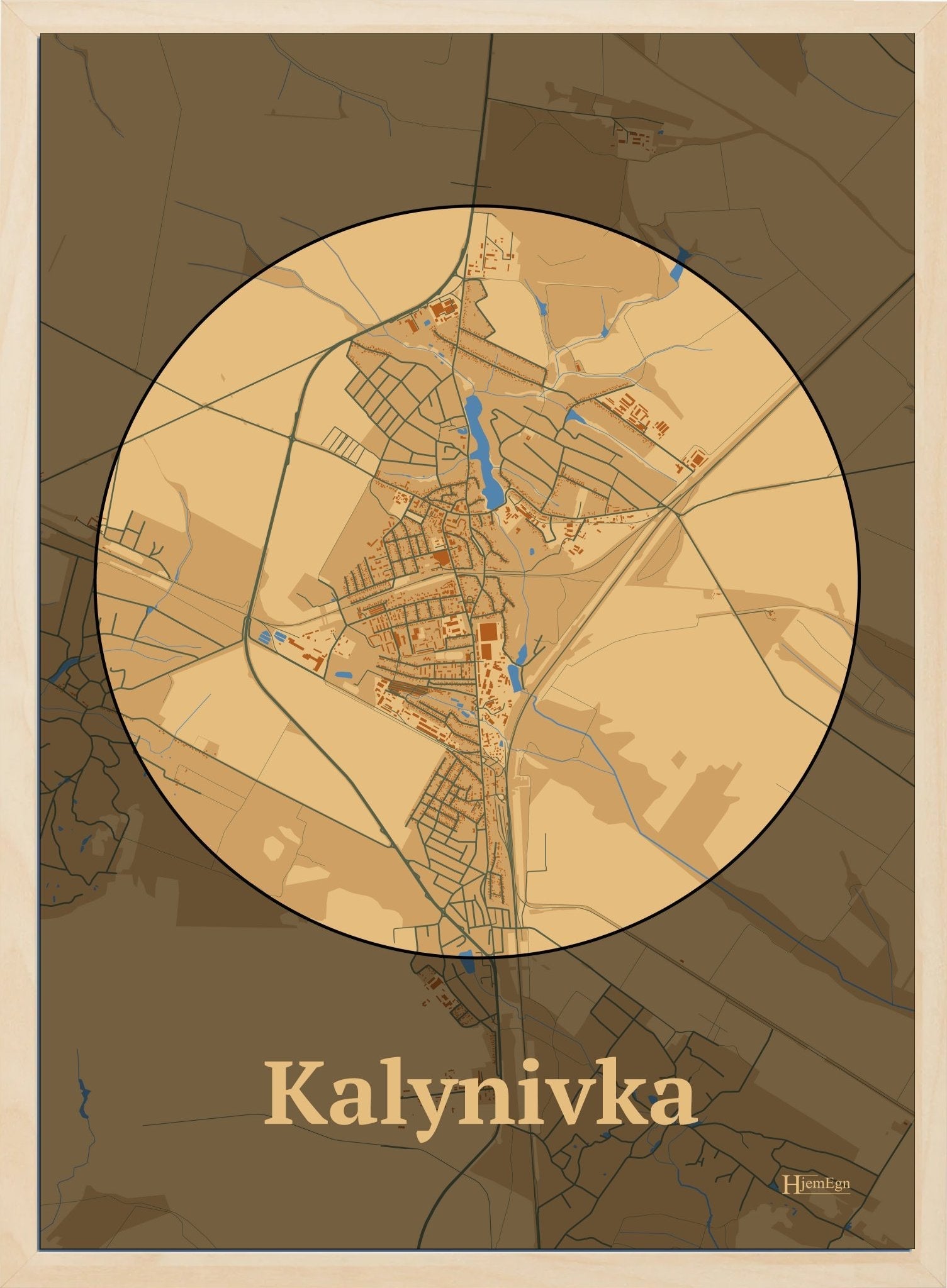 Kalynivka plakat i farve pastel brun og HjemEgn.dk design centrum. Design bykort for Kalynivka