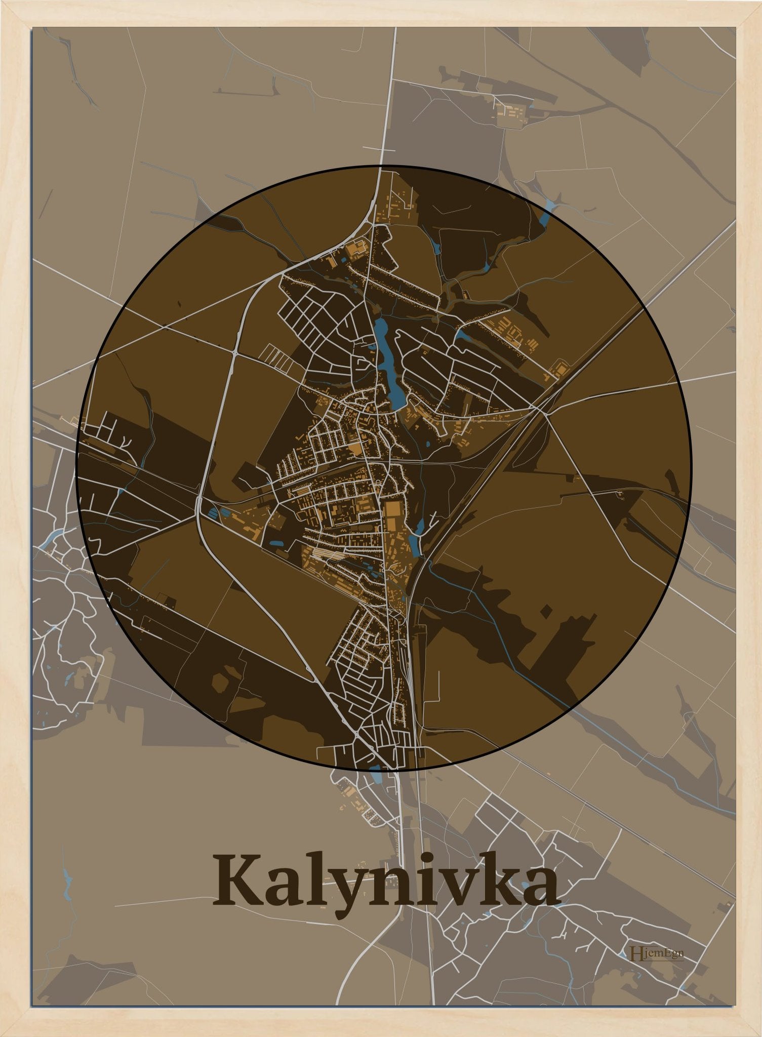 Kalynivka plakat i farve mørk brun og HjemEgn.dk design centrum. Design bykort for Kalynivka