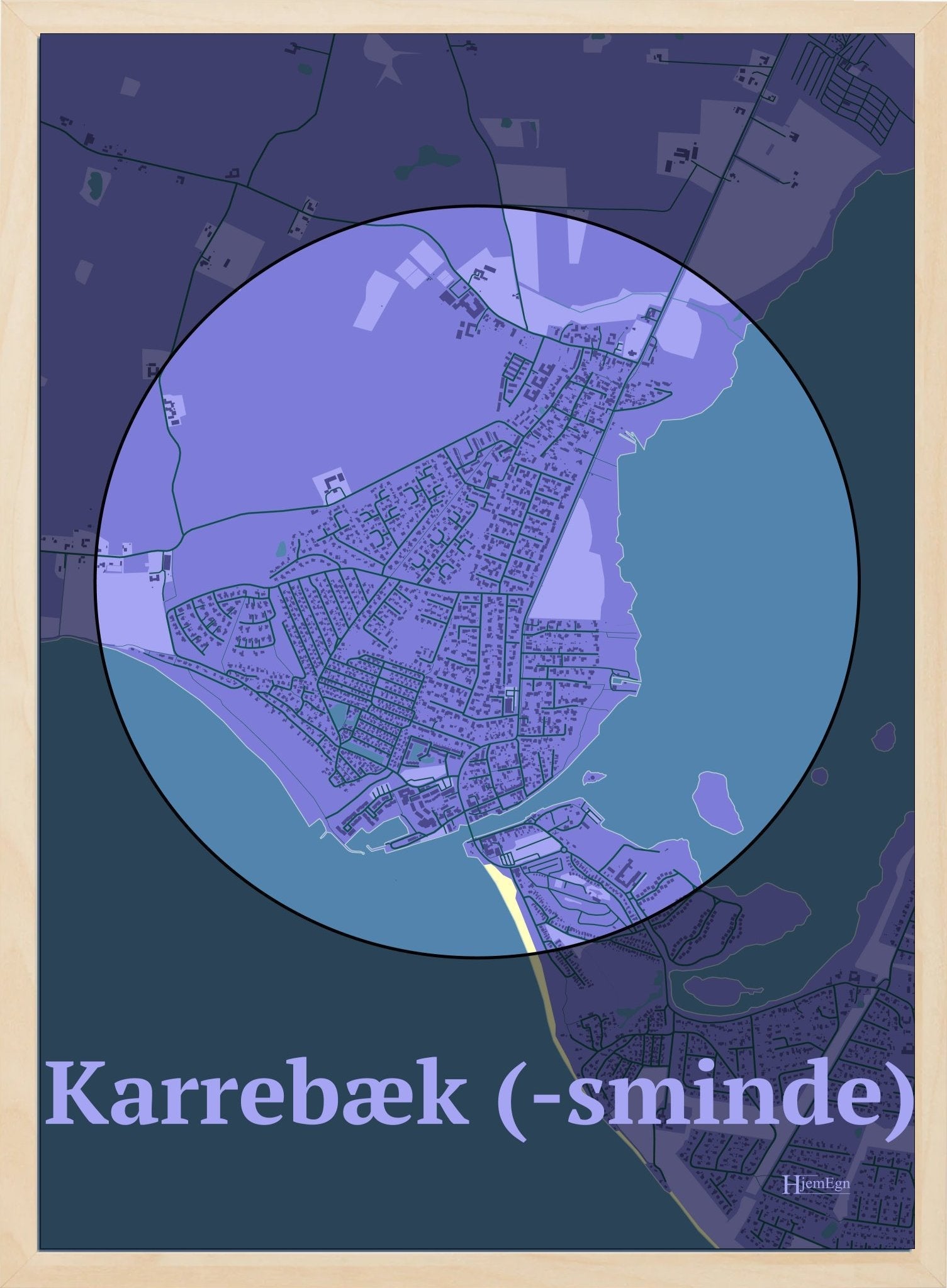 Karrebæk (-sminde) plakat i farve pastel lilla og HjemEgn.dk design centrum. Design bykort for Karrebæk (-sminde)