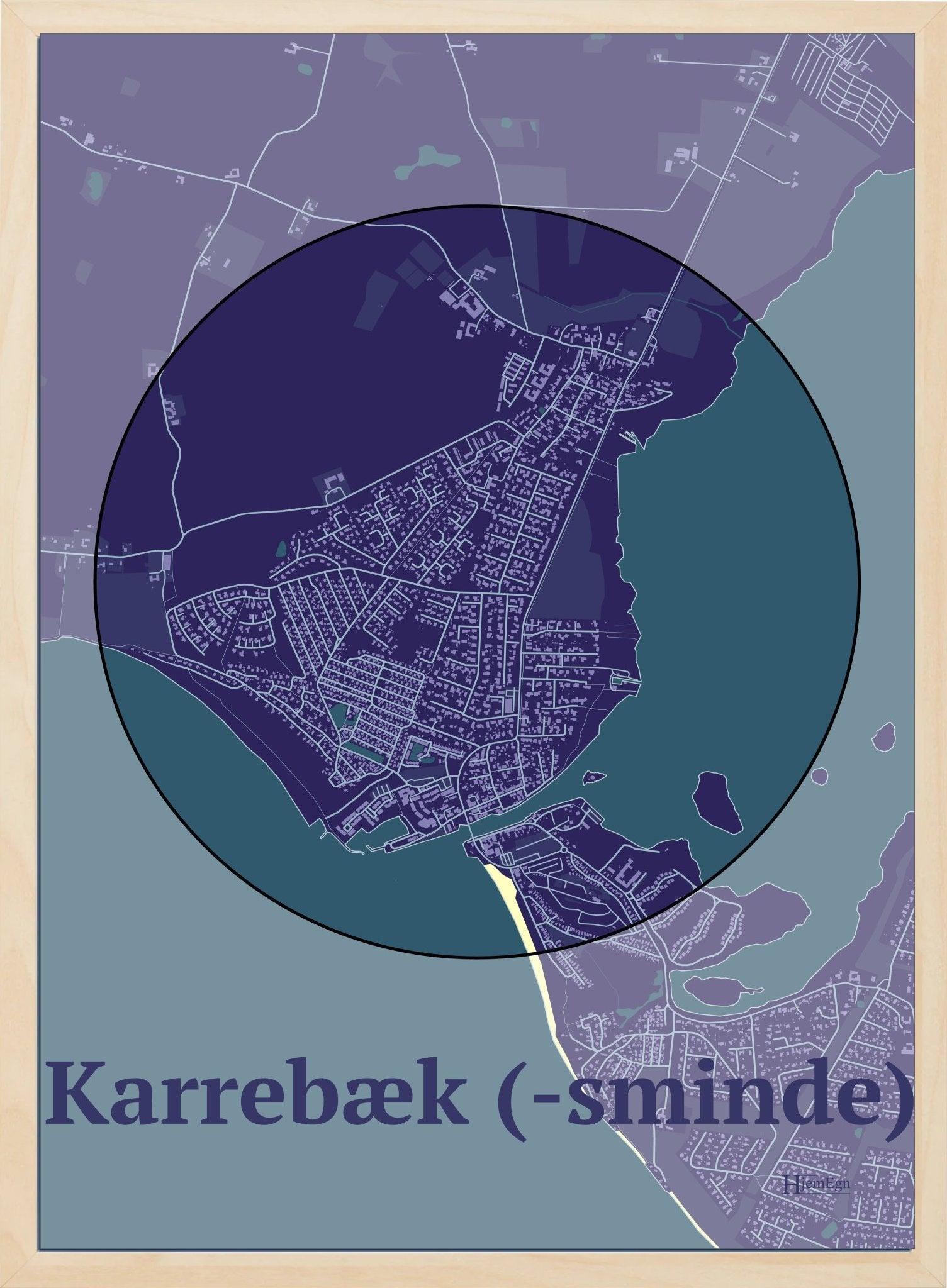 Karrebæk (-sminde) plakat i farve mørk lilla og HjemEgn.dk design centrum. Design bykort for Karrebæk (-sminde)