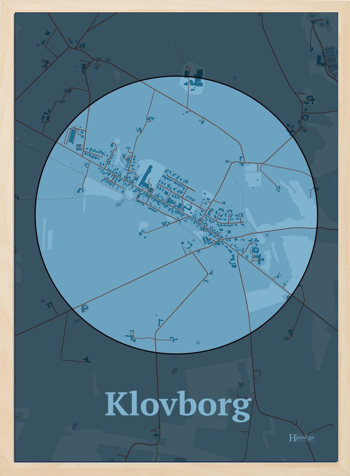 Klovborg plakat i farve pastel blå og HjemEgn.dk design centrum. Design bykort for Klovborg