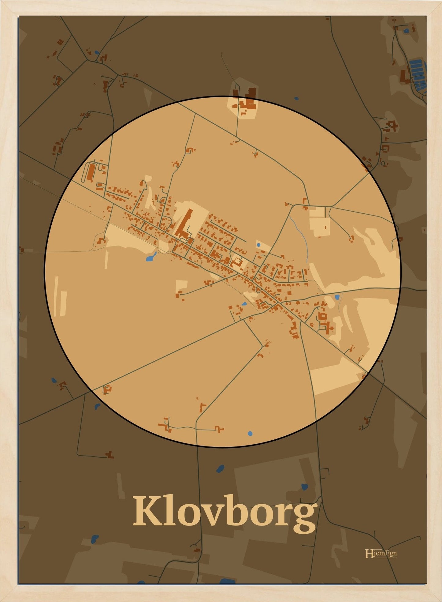 Klovborg plakat i farve pastel brun og HjemEgn.dk design centrum. Design bykort for Klovborg