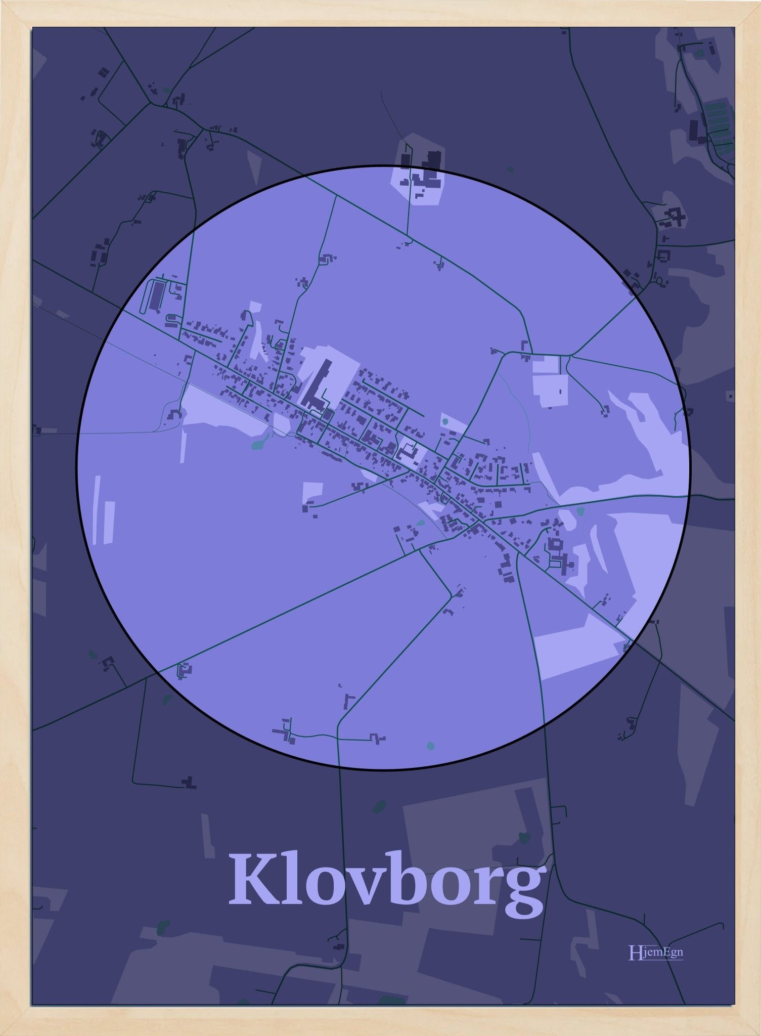 Klovborg plakat i farve pastel lilla og HjemEgn.dk design centrum. Design bykort for Klovborg