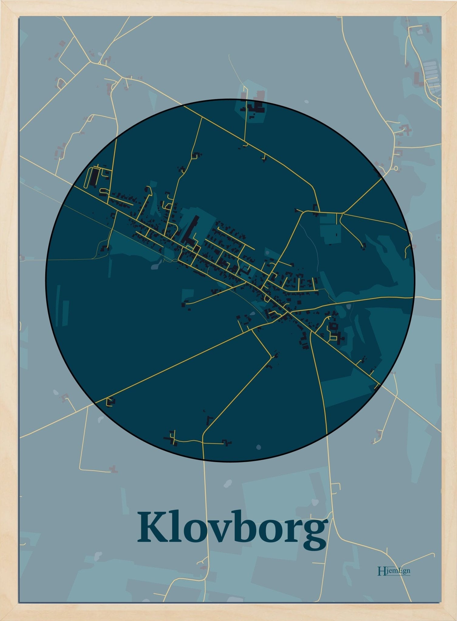 Klovborg plakat i farve mørk blå og HjemEgn.dk design centrum. Design bykort for Klovborg