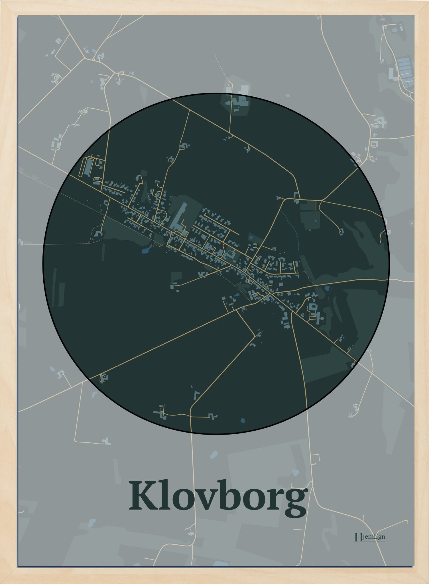 Klovborg plakat i farve mørk grøn og HjemEgn.dk design centrum. Design bykort for Klovborg
