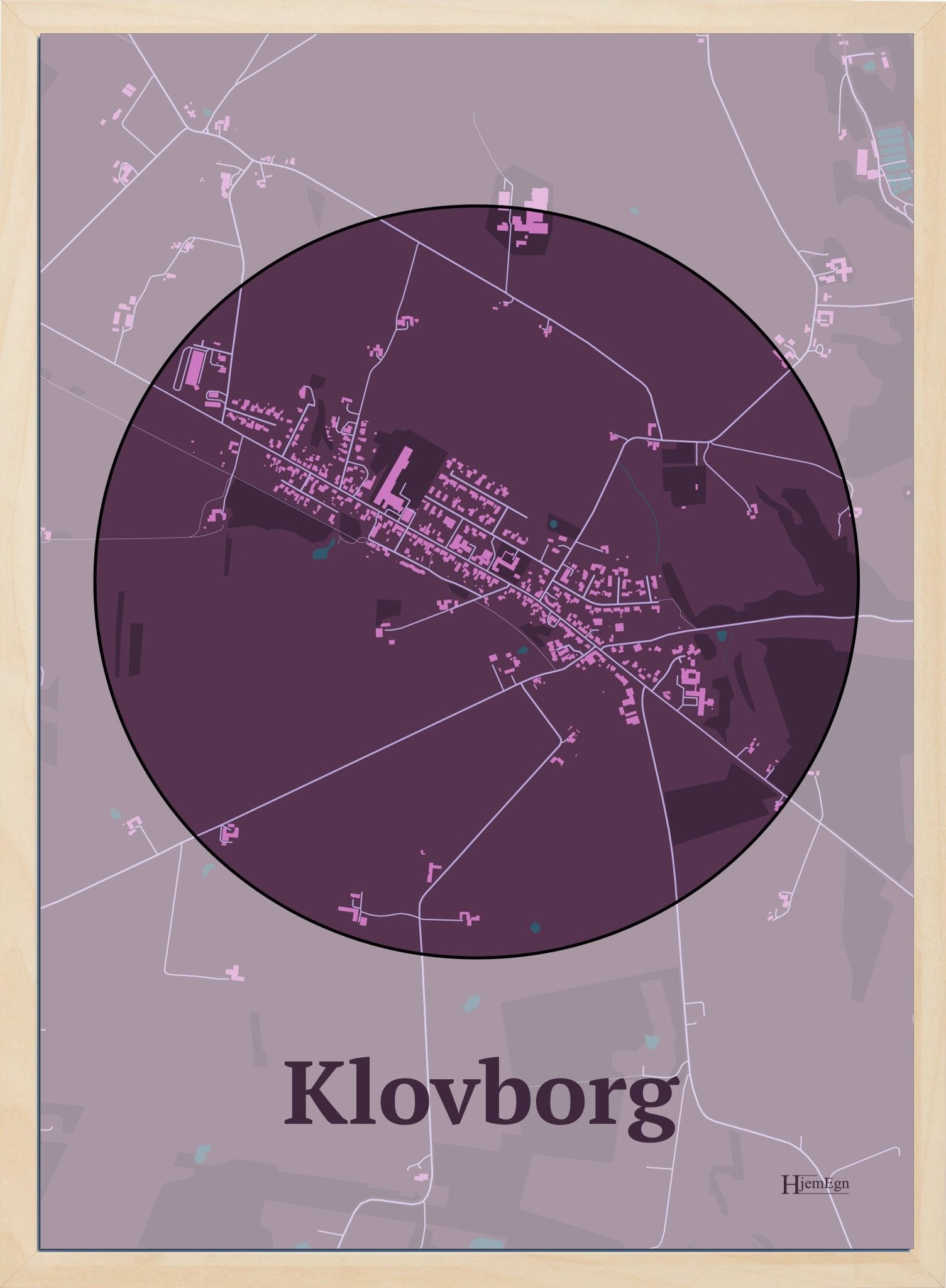 Klovborg plakat i farve mørk rød og HjemEgn.dk design centrum. Design bykort for Klovborg