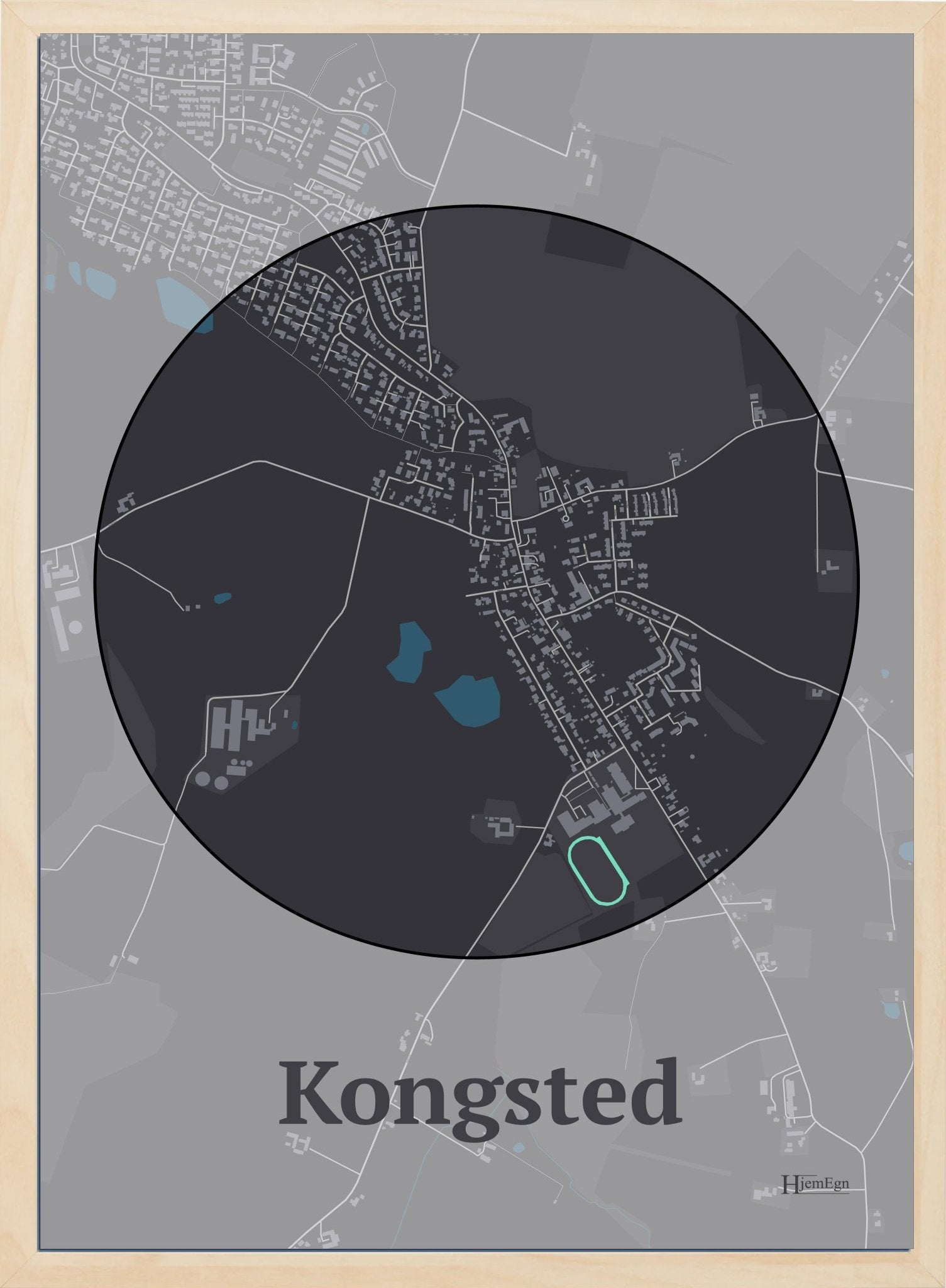 Kongsted plakat i farve mørk brun og HjemEgn.dk design centrum. Design bykort for Kongsted