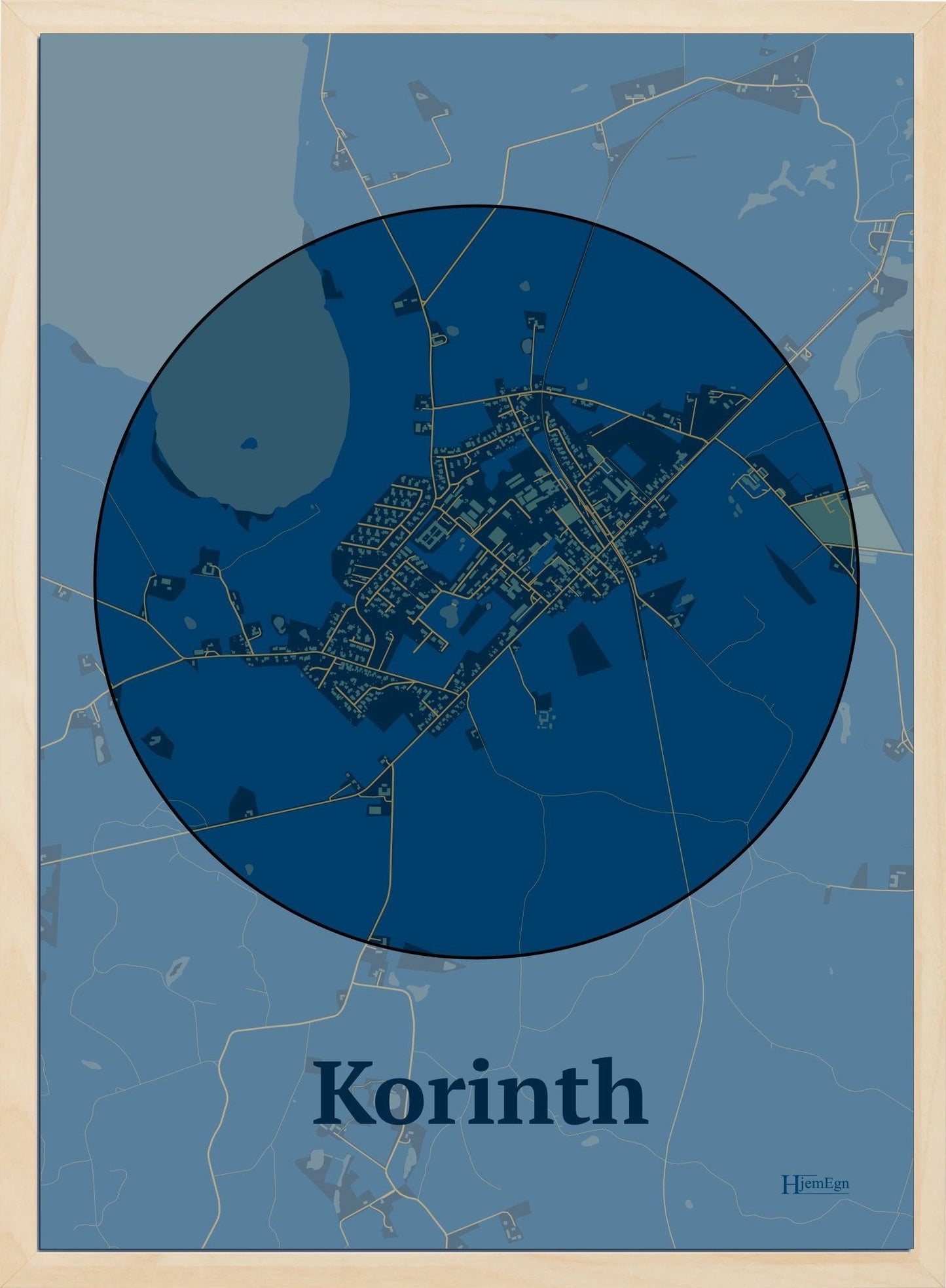 Korinth plakat i farve mørk blå og HjemEgn.dk design centrum. Design bykort for Korinth