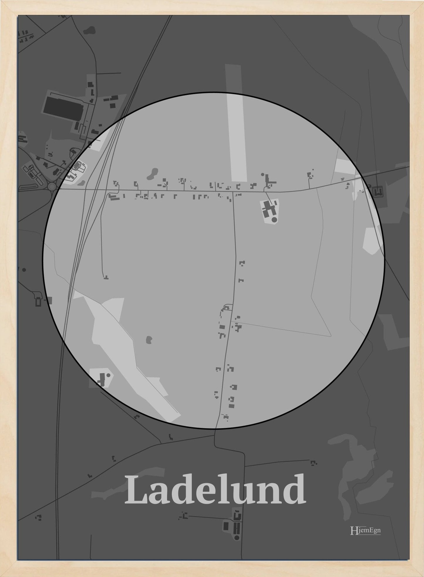 Ladelund plakat i farve pastel grå og HjemEgn.dk design centrum. Design bykort for Ladelund