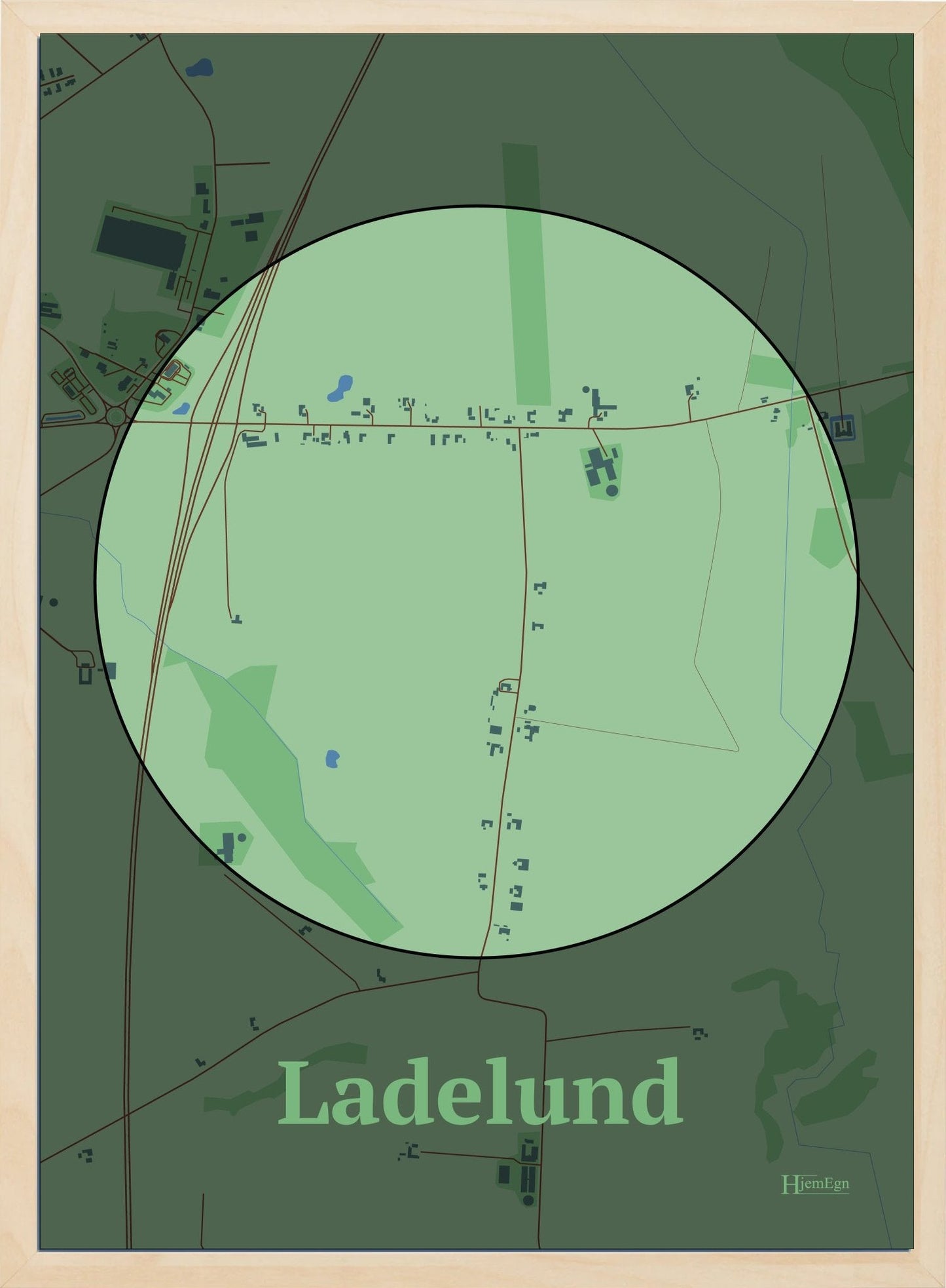 Ladelund plakat i farve pastel grøn og HjemEgn.dk design centrum. Design bykort for Ladelund