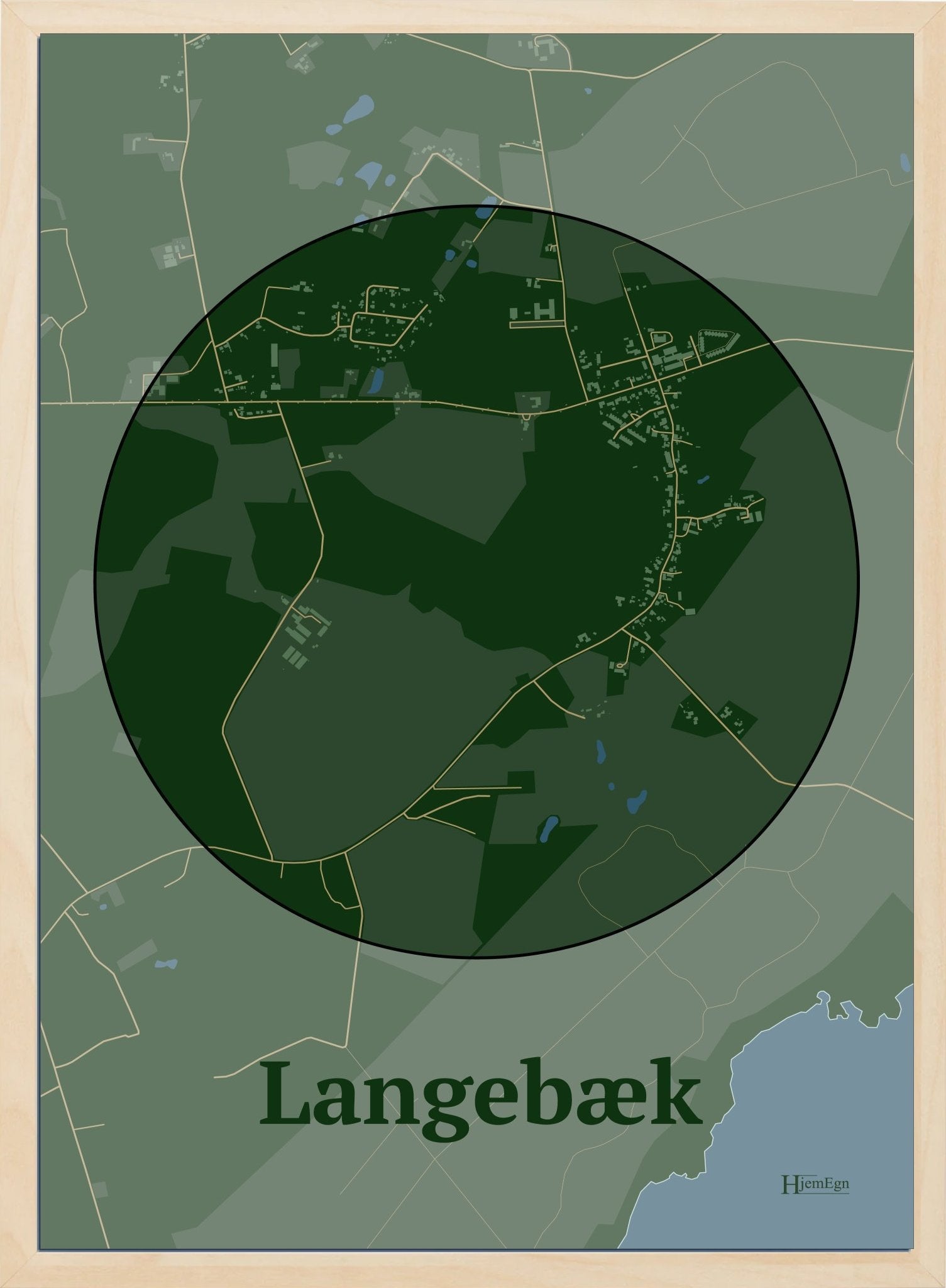Langebæk plakat i farve mørk grøn og HjemEgn.dk design centrum. Design bykort for Langebæk
