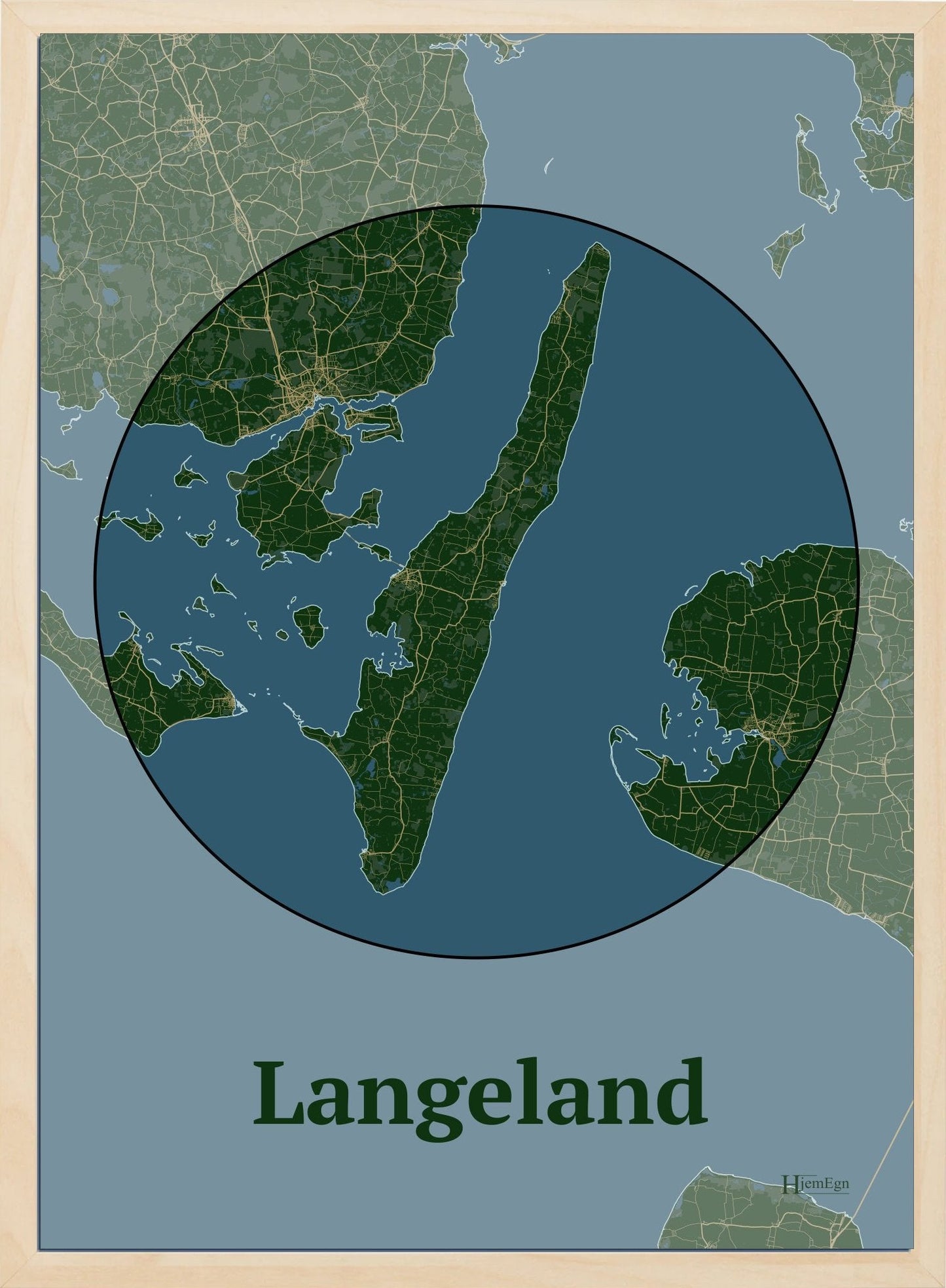 Langeland plakat i farve mørk grøn og HjemEgn.dk design centrum. Design ø-kort for Langeland