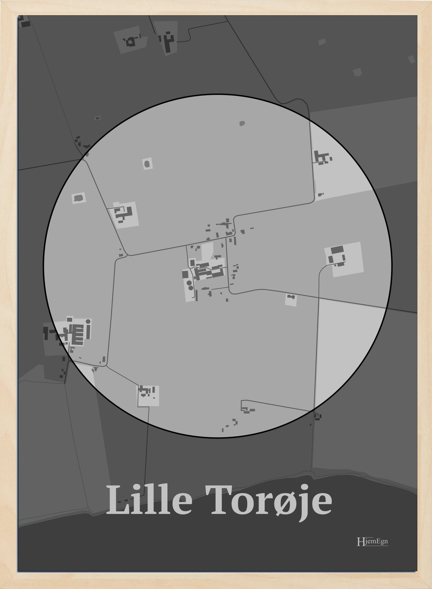 Lille Torøje plakat i farve pastel grå og HjemEgn.dk design centrum. Design bykort for Lille Torøje