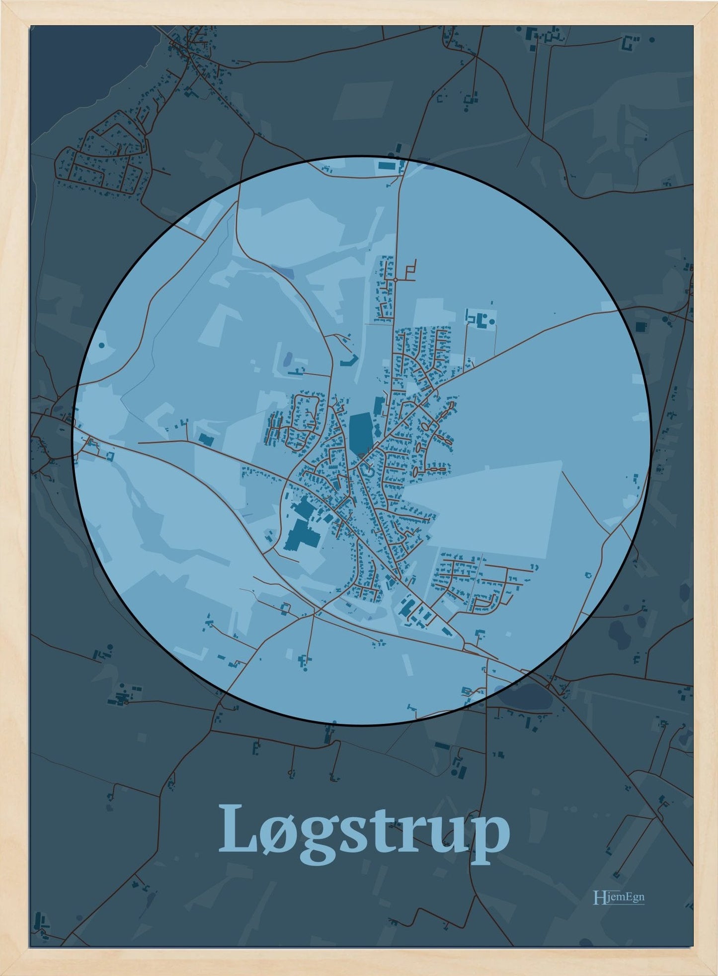 Løgstrup plakat i farve pastel blå og HjemEgn.dk design centrum. Design bykort for Løgstrup
