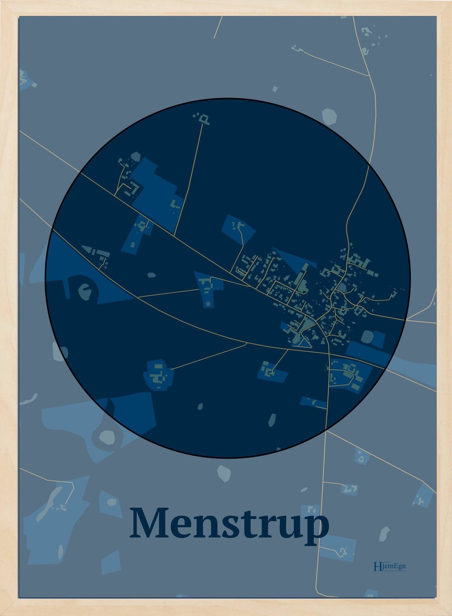 Menstrup plakat i farve mørk blå og HjemEgn.dk design centrum. Design bykort for Menstrup